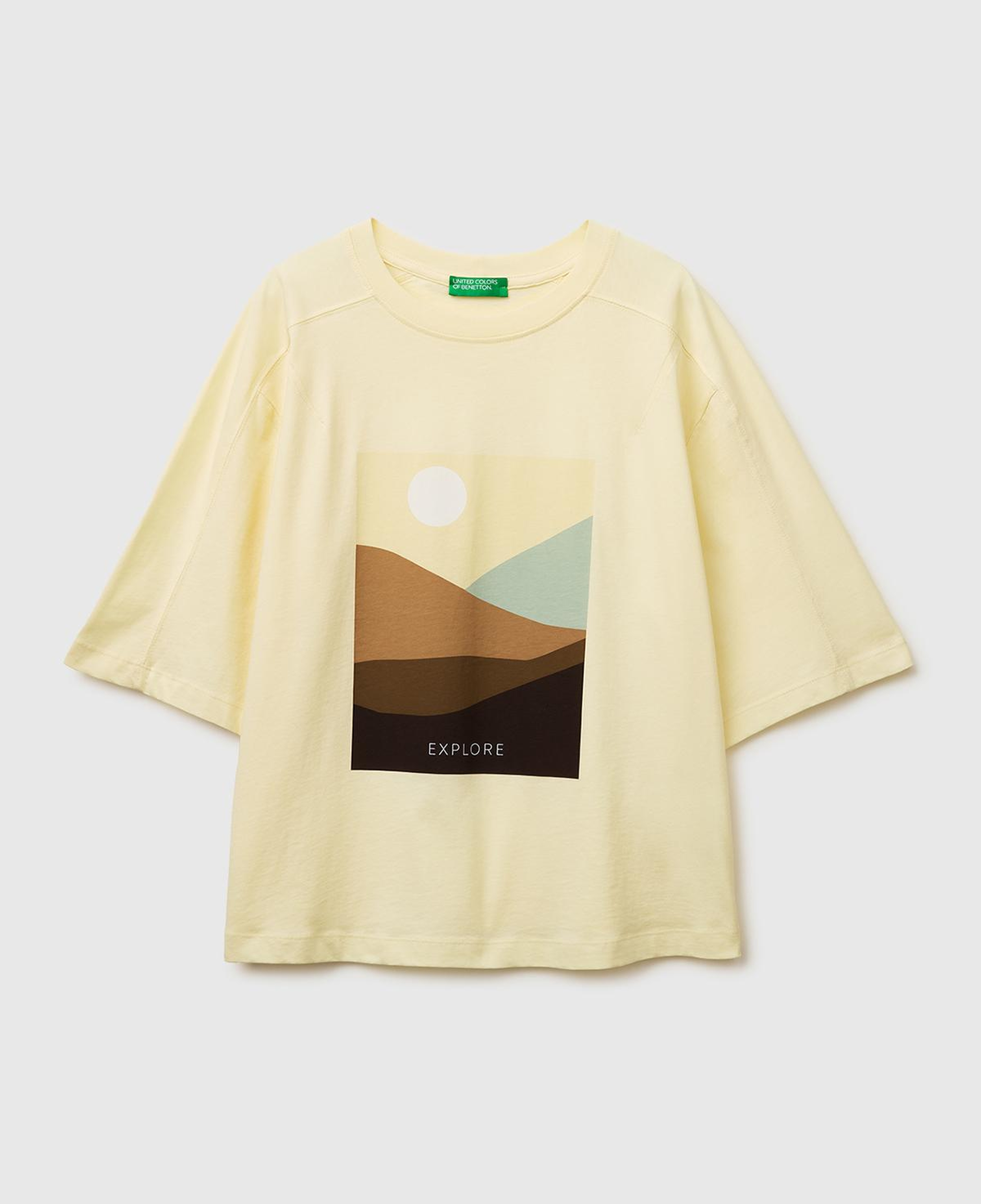 Kadın Açık Sarı %100 Pamuk Su Bazlı Baskılı Oversize Bisiklet Yaka T-Shirt