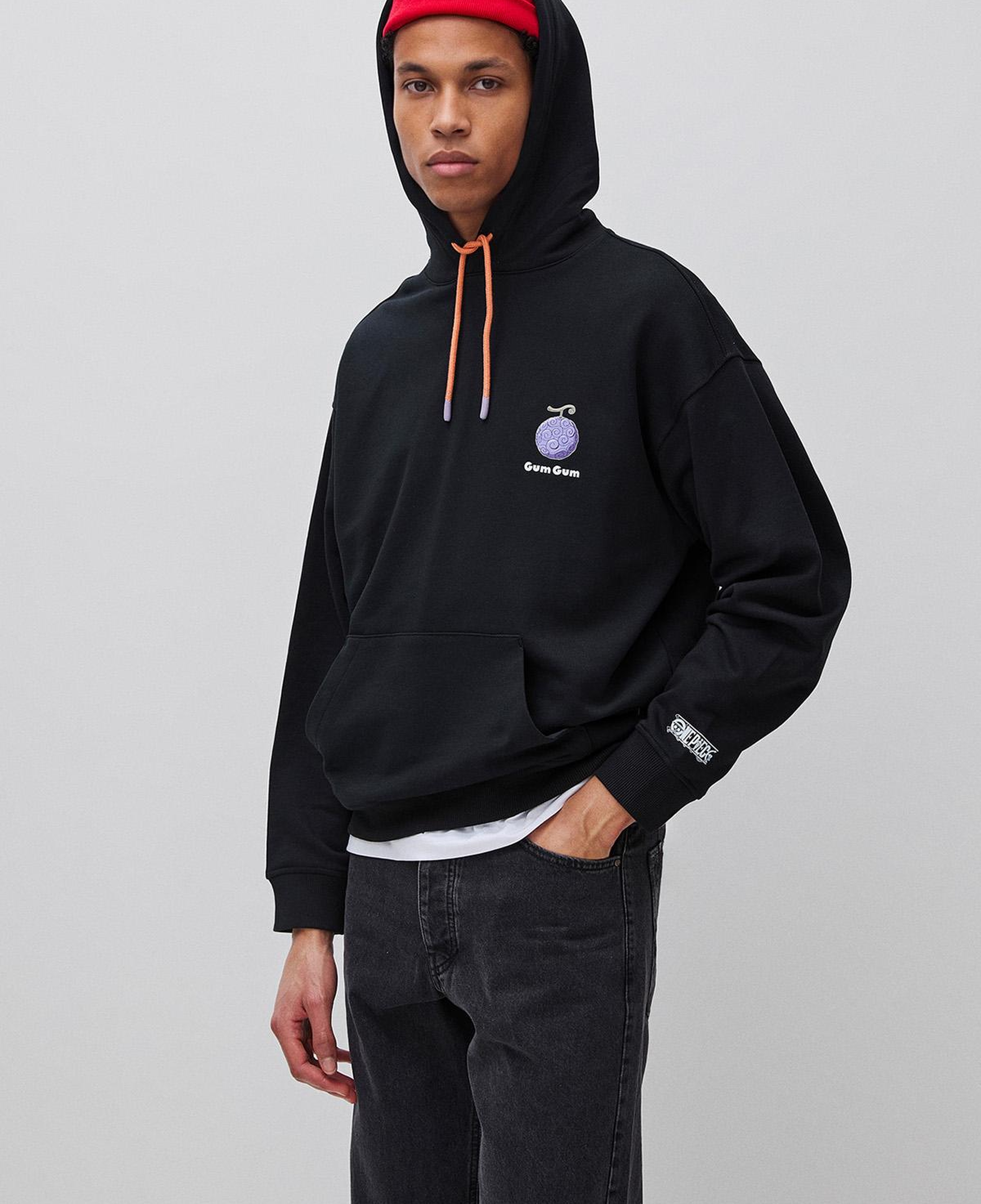 Erkek Siyah  %100 Pamuk Kontrast Kordonlu Grafik Baskılı Kapüşonlu Sweatshirt