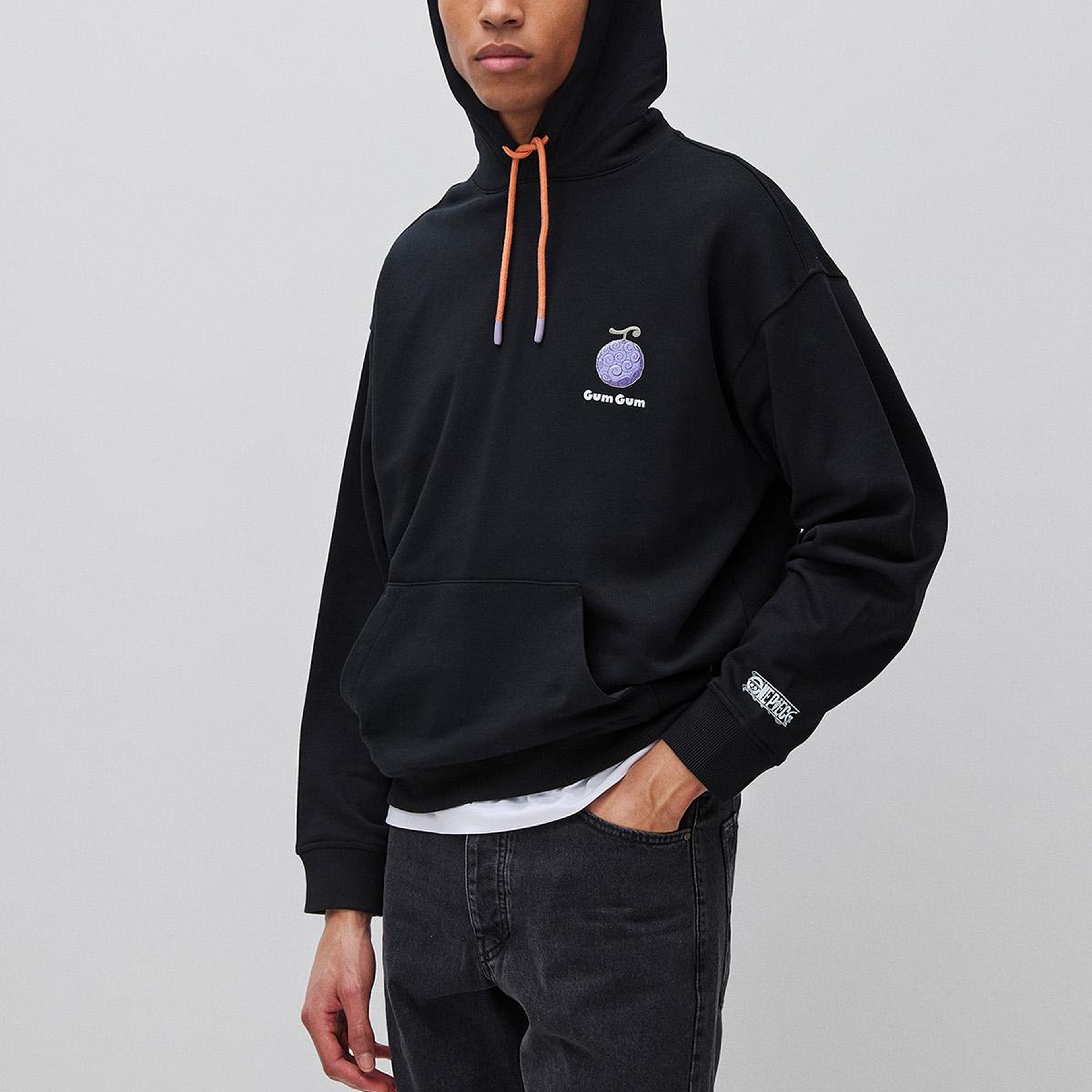 Erkek Siyah  %100 Pamuk Kontrast Kordonlu Grafik Baskılı Kapüşonlu Sweatshirt