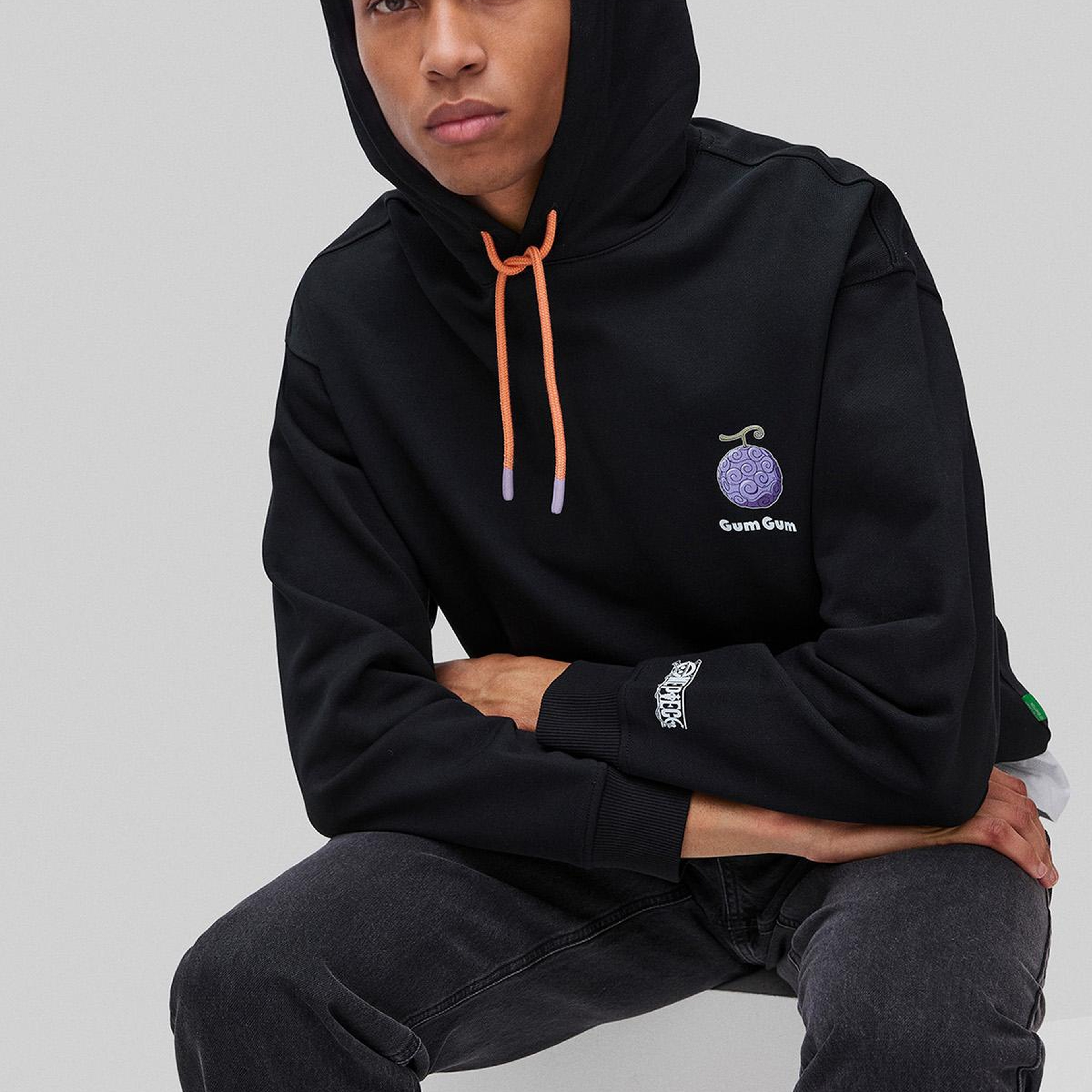 Erkek Siyah  %100 Pamuk Kontrast Kordonlu Grafik Baskılı Kapüşonlu Sweatshirt