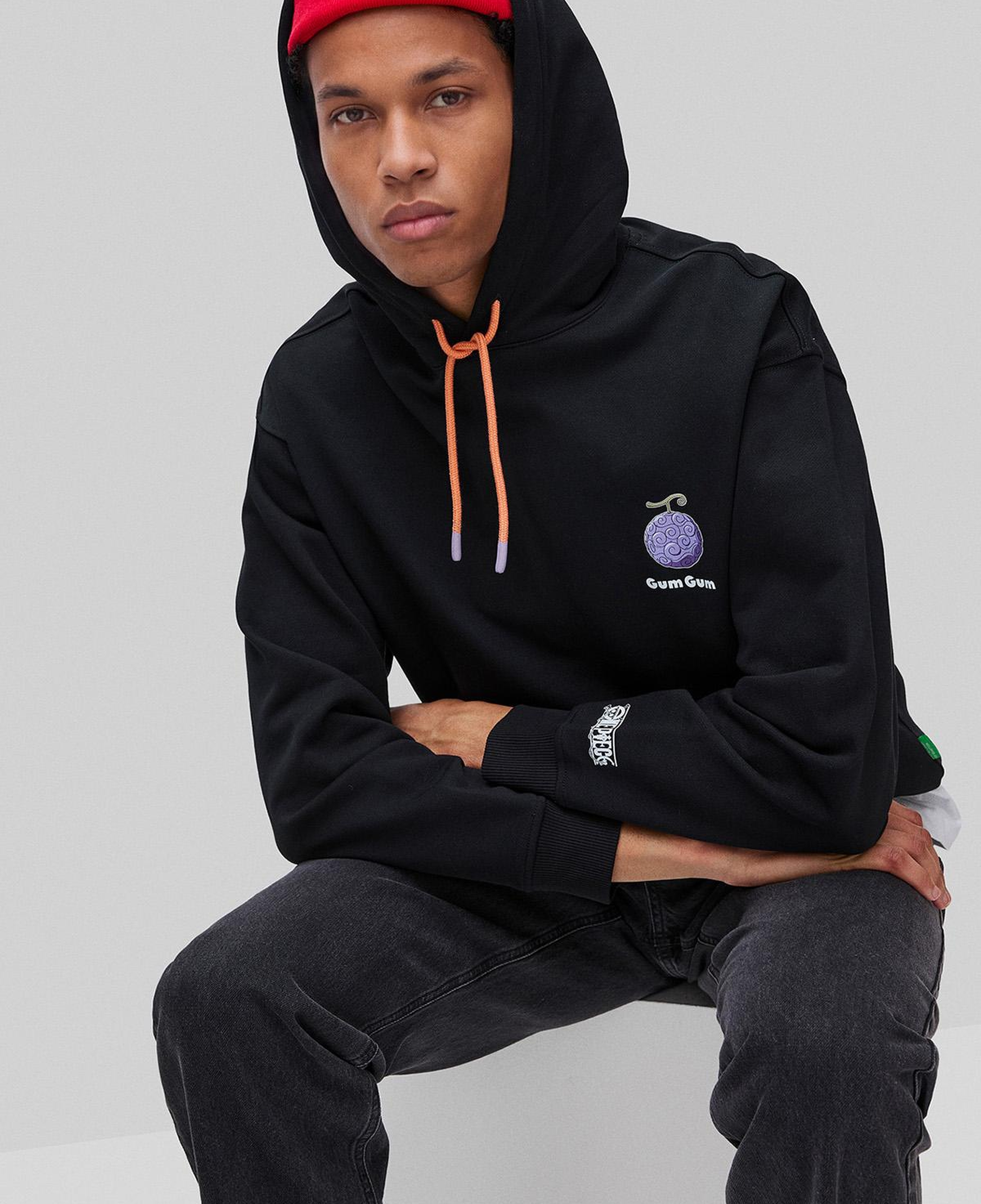 Erkek Siyah  %100 Pamuk Kontrast Kordonlu Grafik Baskılı Kapüşonlu Sweatshirt
