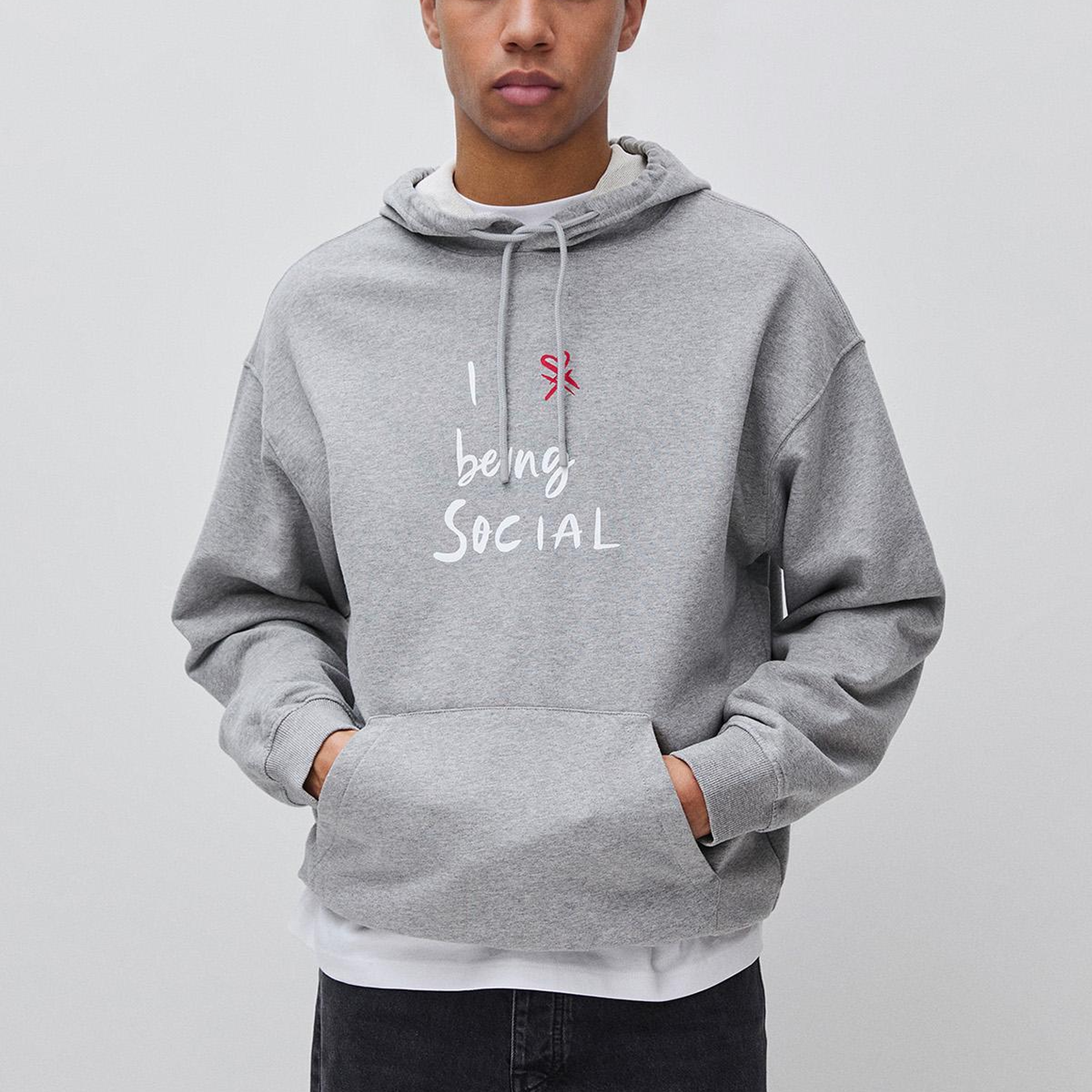 Erkek Gri Melanj  %100 Pamuk Grafik Baskılı Kapüşonlu Sweatshirt