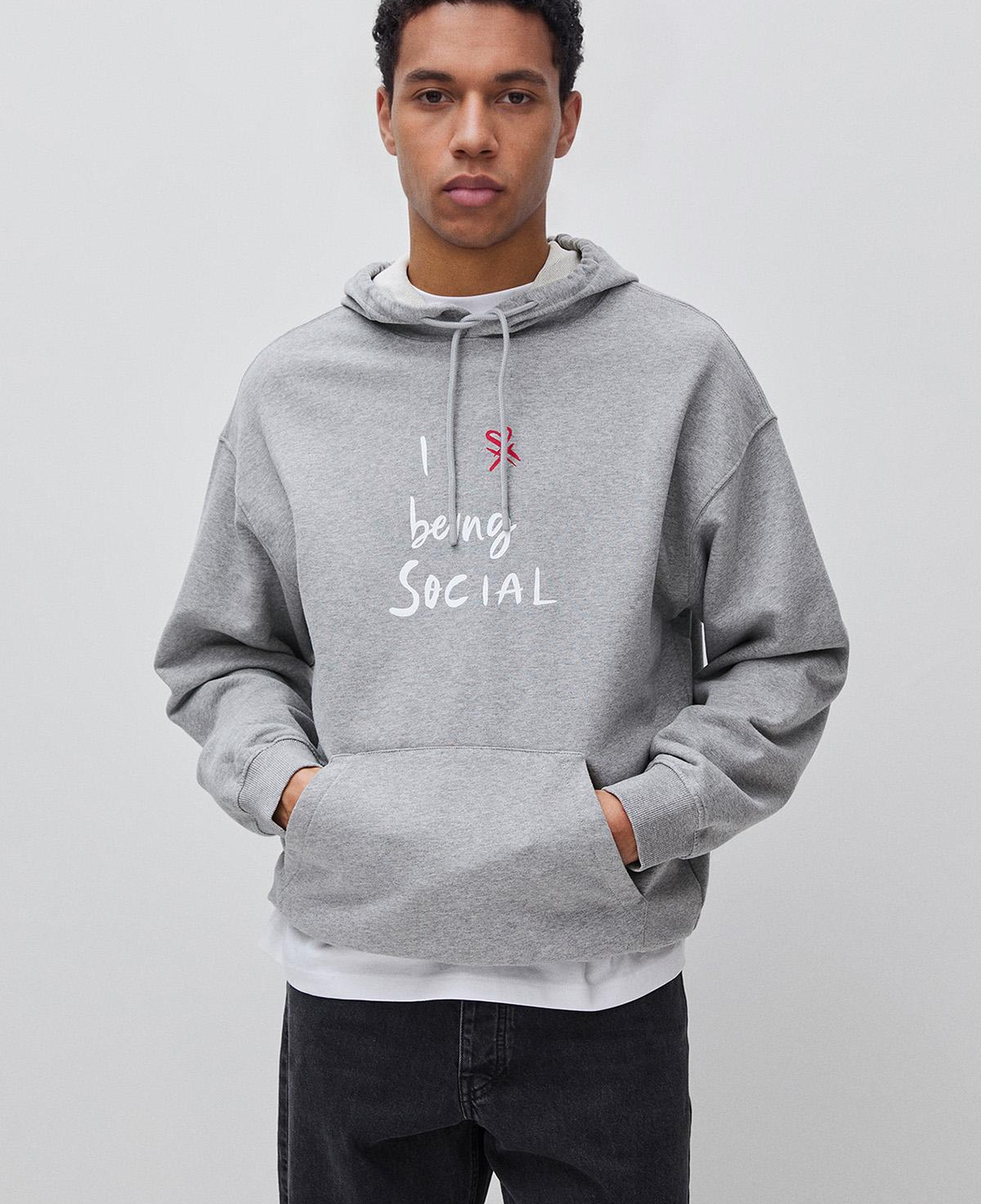 Erkek Gri Melanj  %100 Pamuk Grafik Baskılı Kapüşonlu Sweatshirt