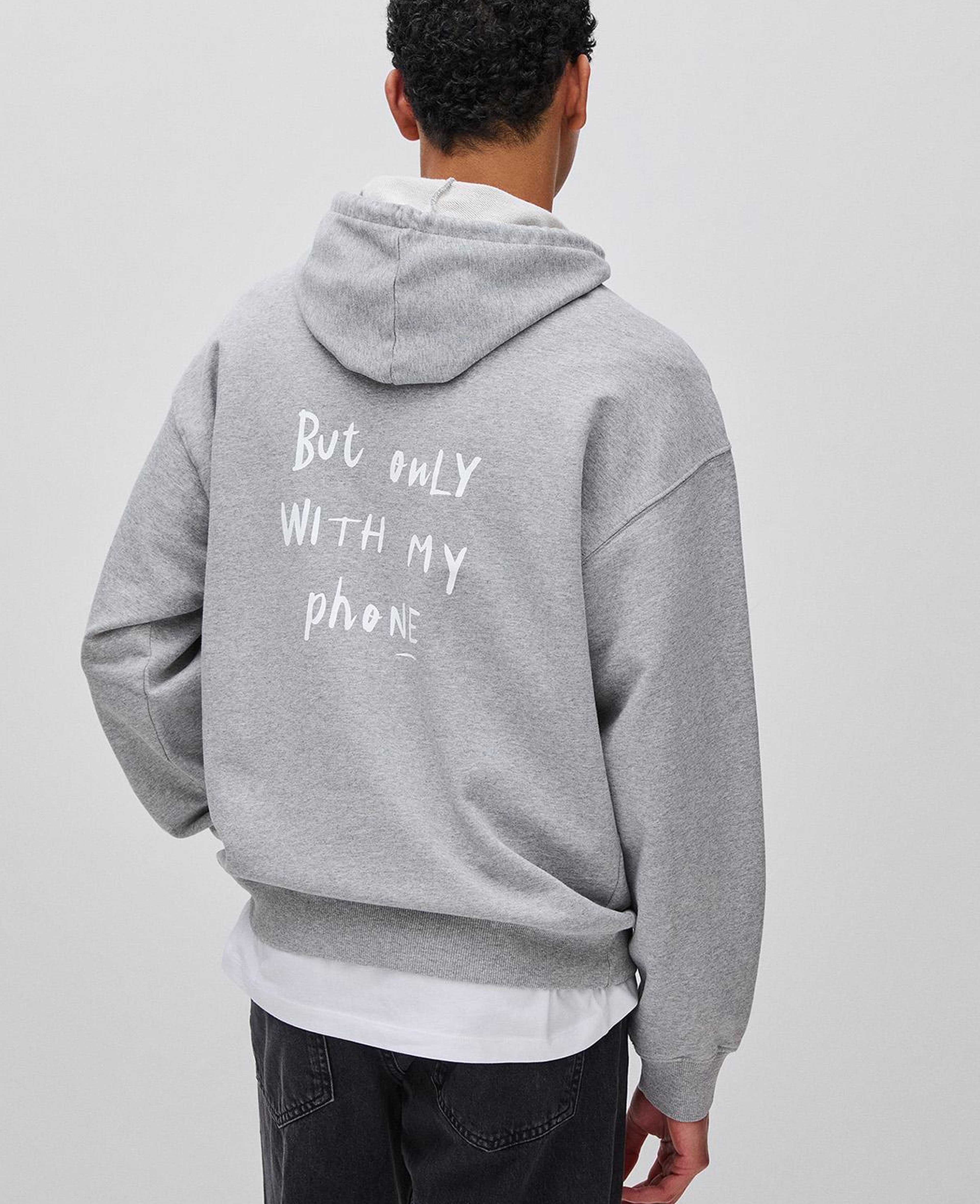 Erkek Gri Melanj  %100 Pamuk Grafik Baskılı Kapüşonlu Sweatshirt