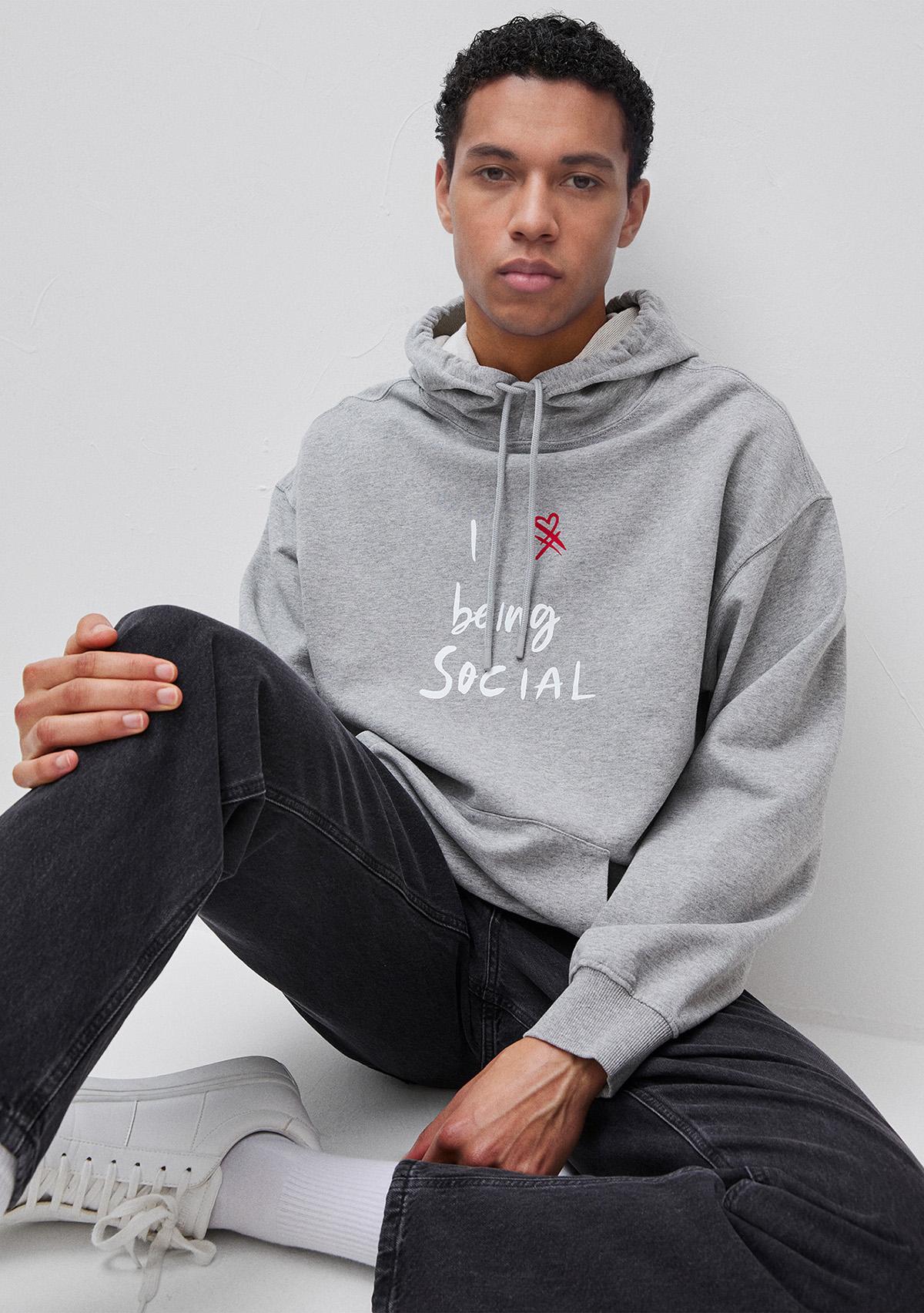 Erkek Gri Melanj %100 Pamuk Grafik Baskılı Kapüşonlu Sweatshirt