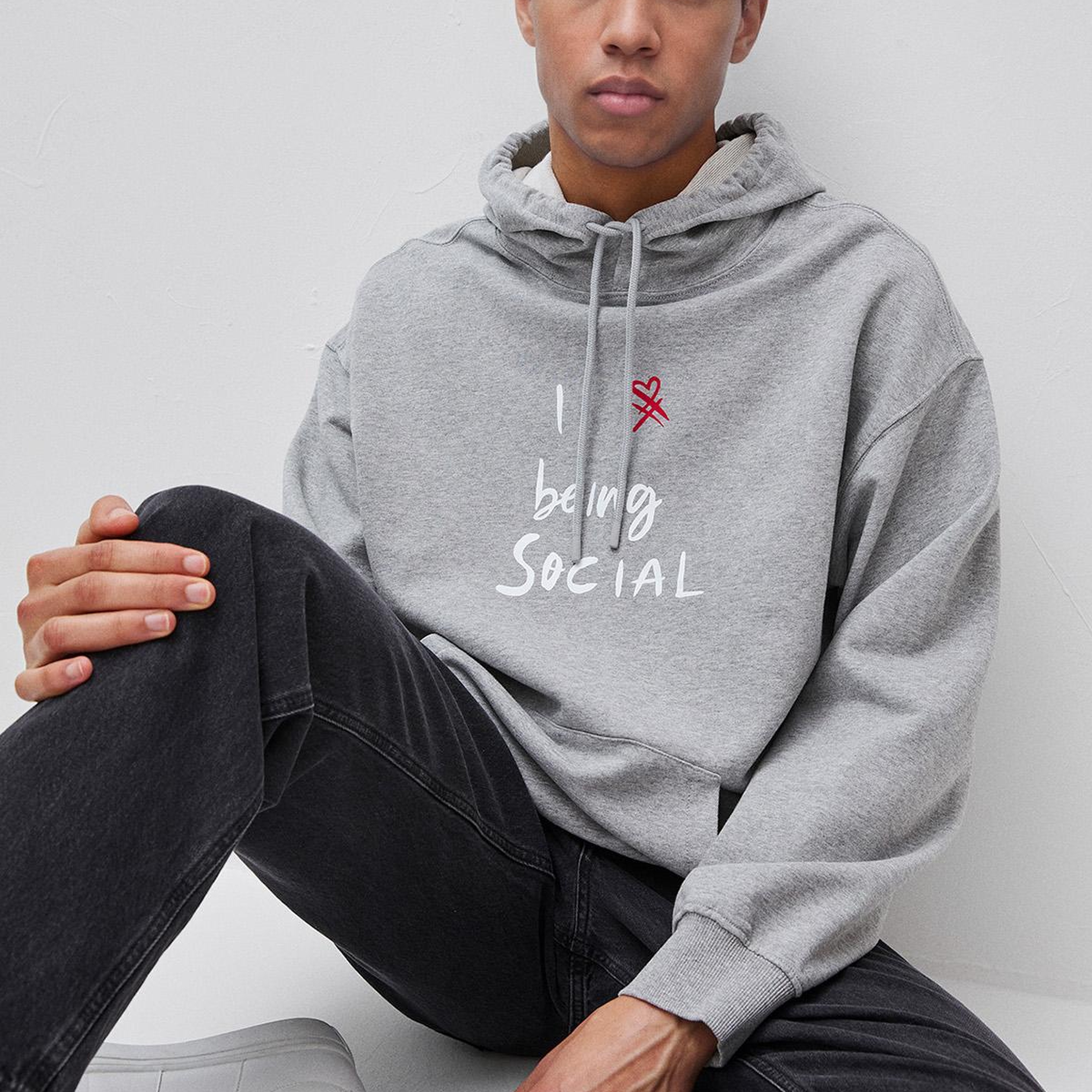 Erkek Gri Melanj  %100 Pamuk Grafik Baskılı Kapüşonlu Sweatshirt
