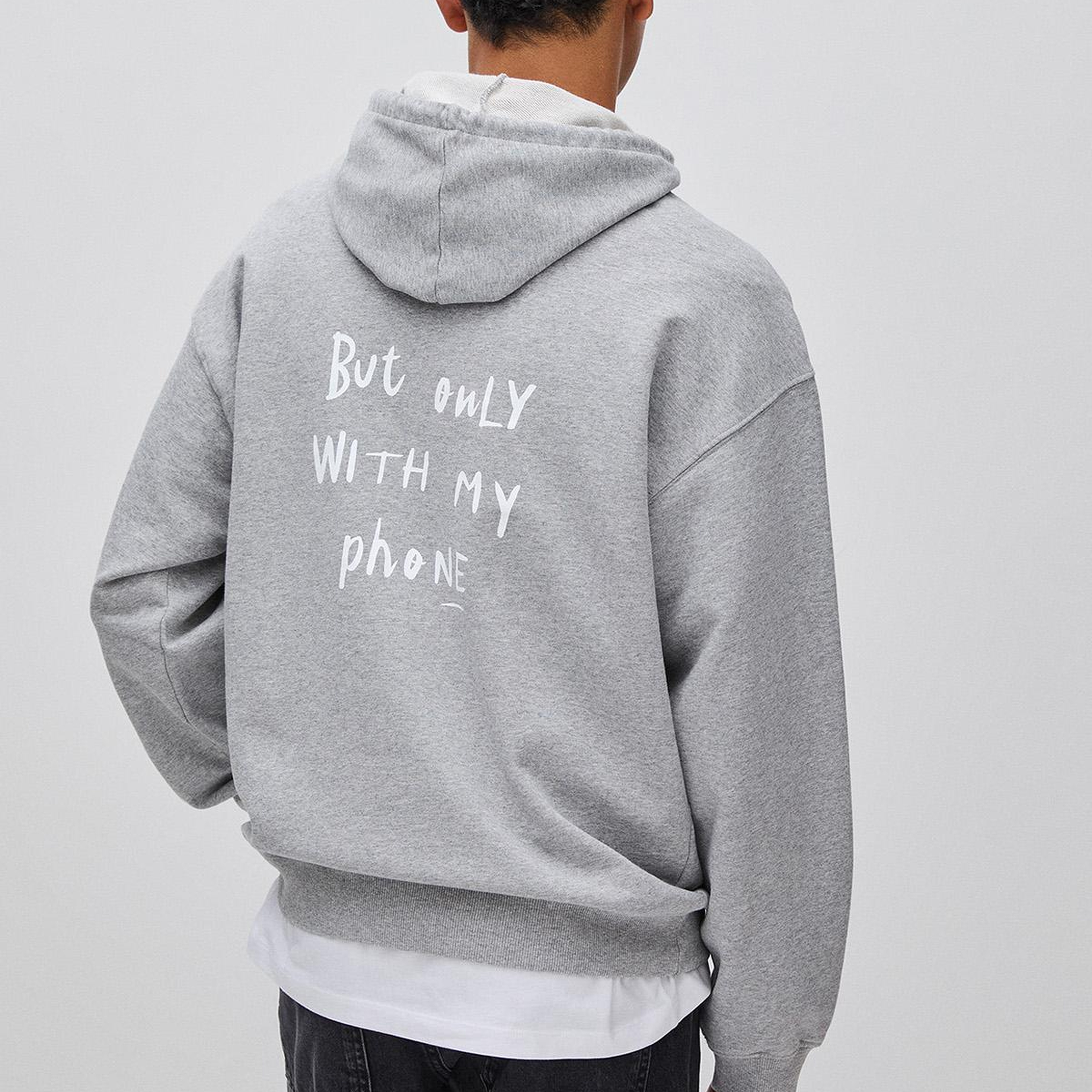 Erkek Gri Melanj  %100 Pamuk Grafik Baskılı Kapüşonlu Sweatshirt