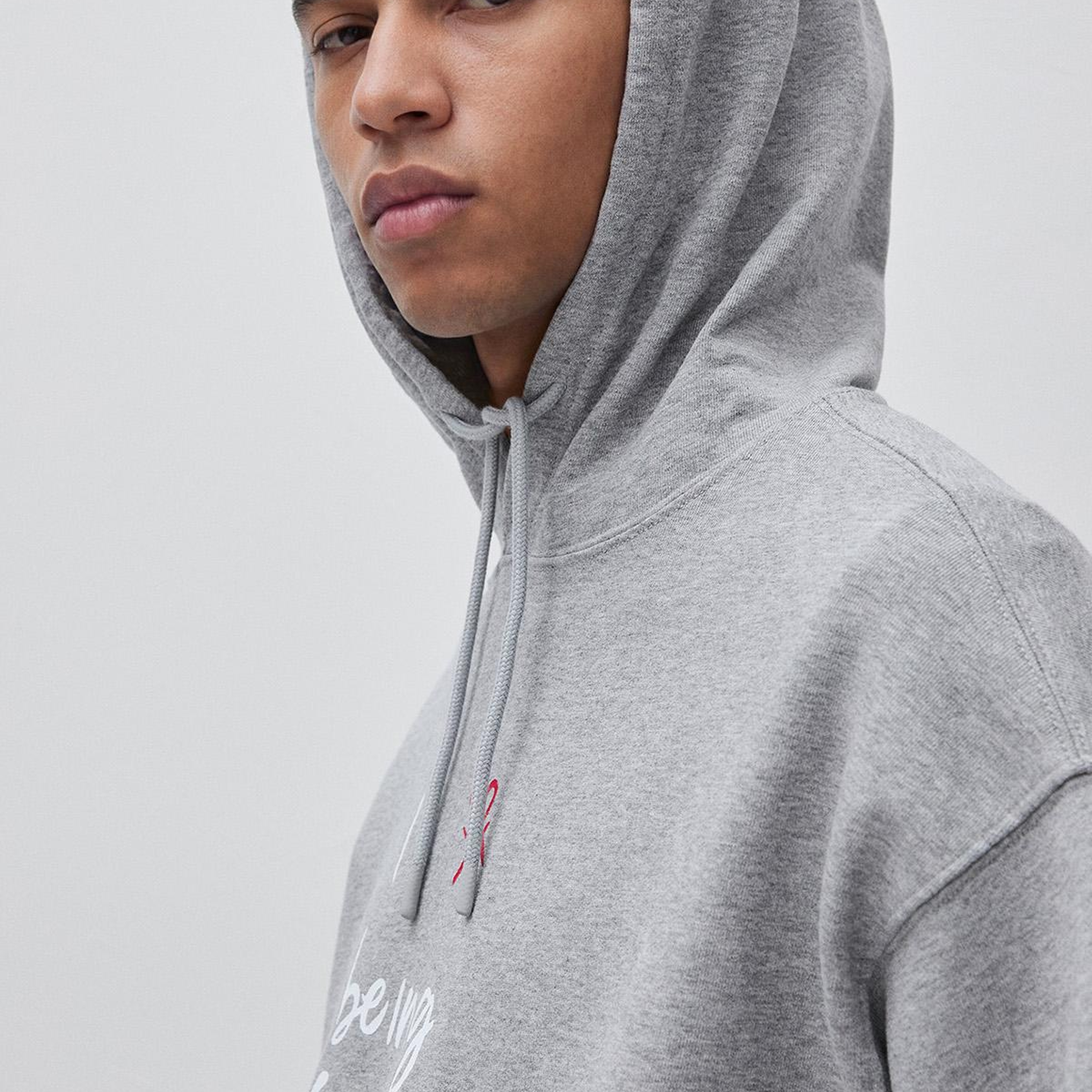 Erkek Gri Melanj  %100 Pamuk Grafik Baskılı Kapüşonlu Sweatshirt