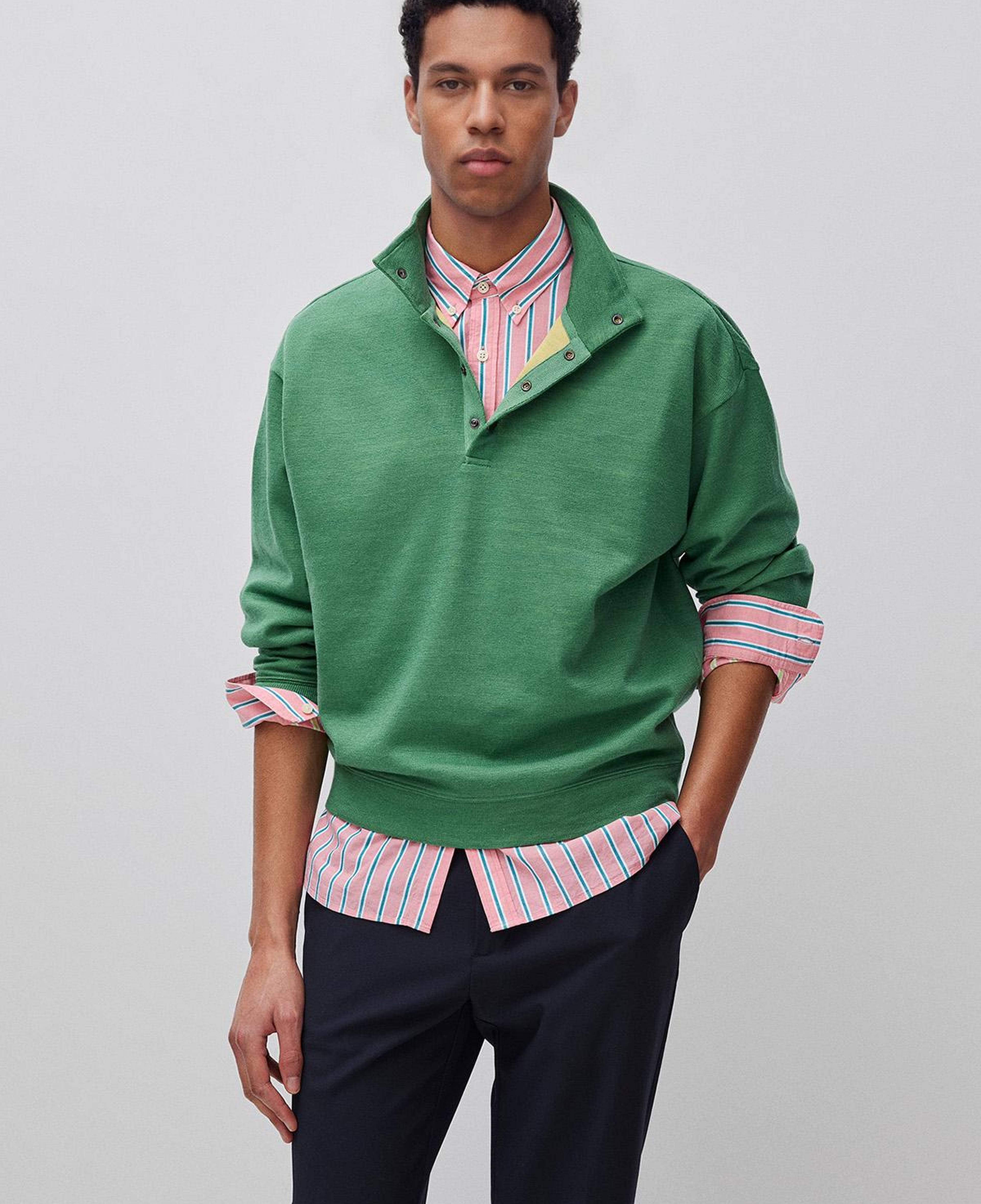 Erkek Yeşil  Yün Karışımlı Düğmeli Dik Yaka Sweatshirt