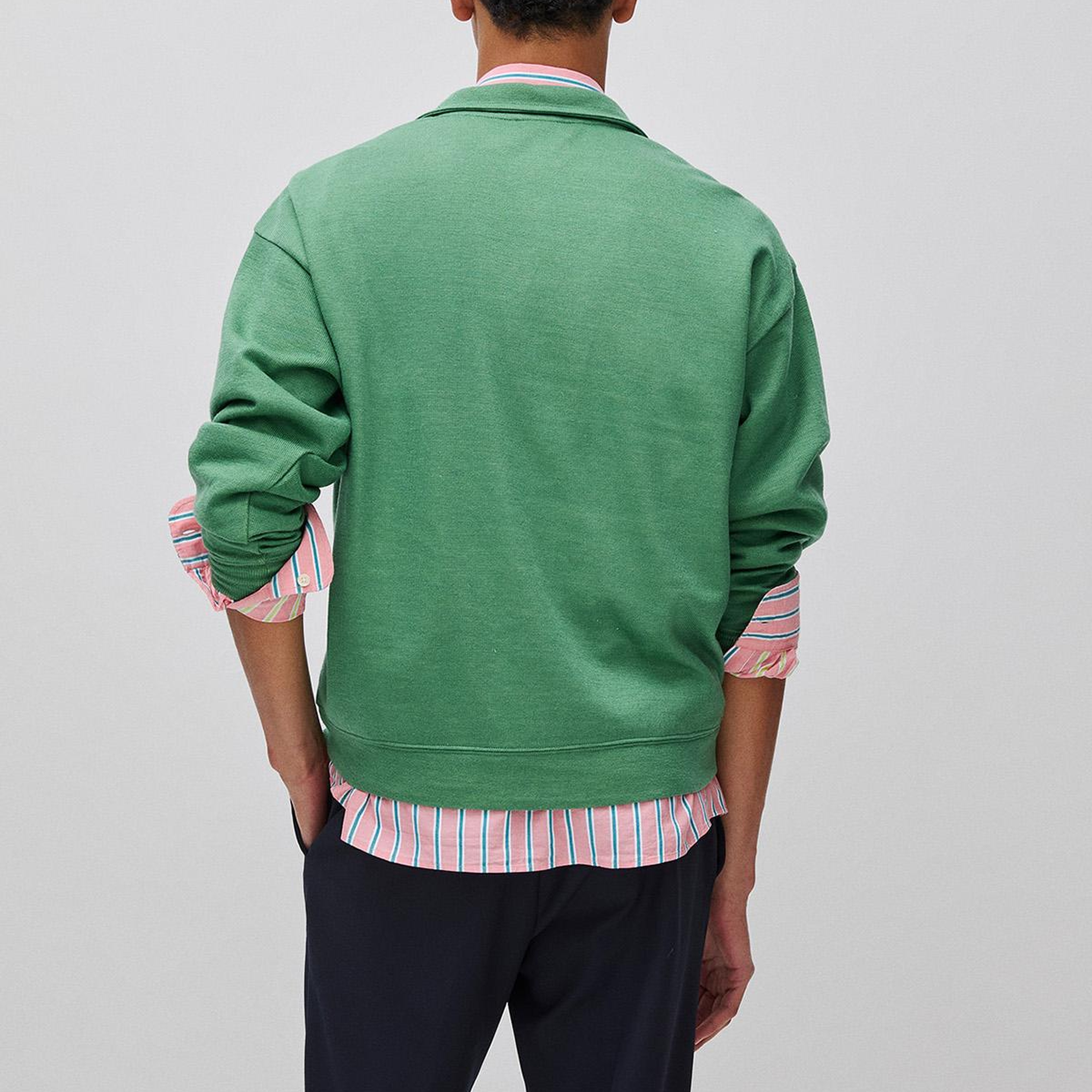 Erkek Yeşil  Yün Karışımlı Düğmeli Dik Yaka Sweatshirt