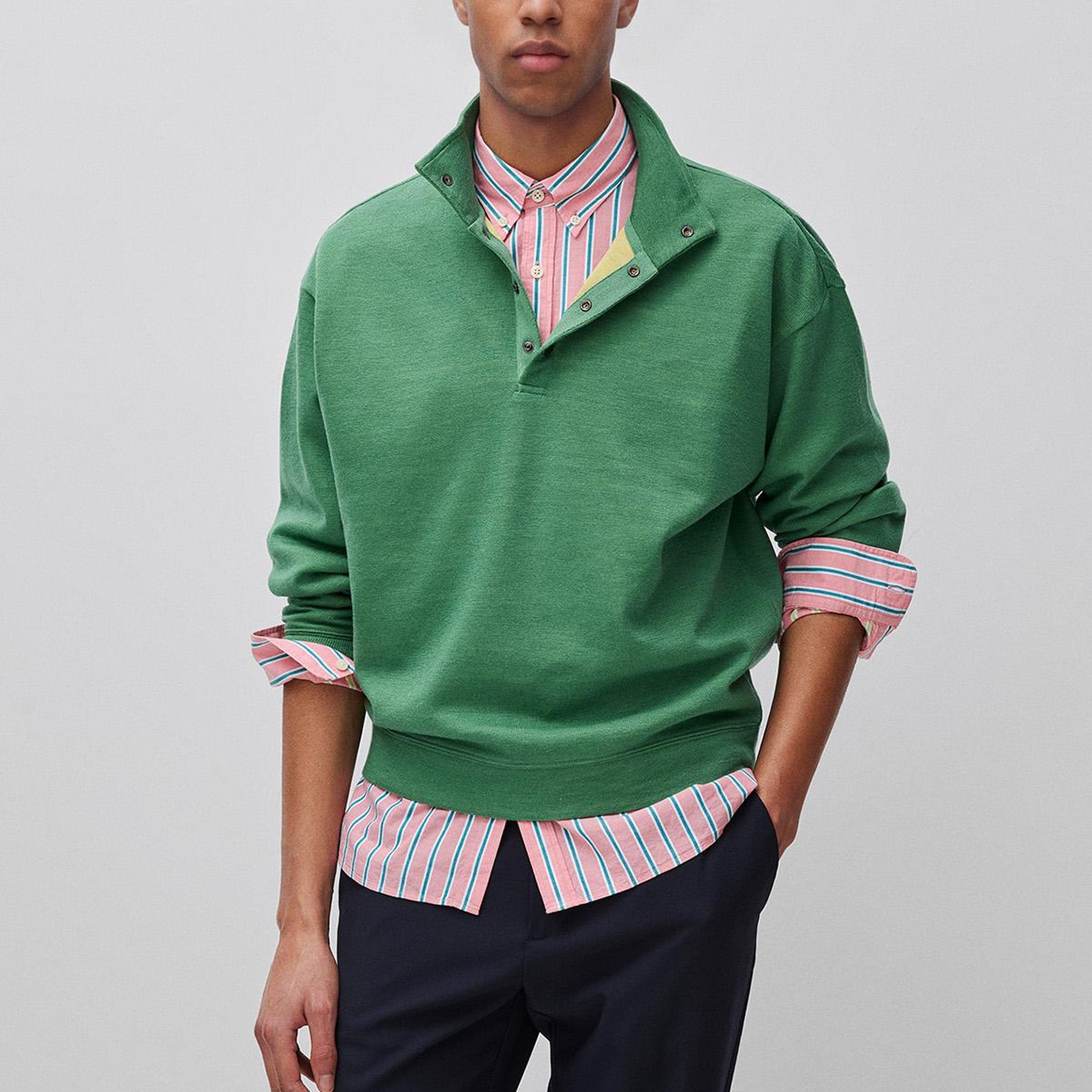 Erkek Yeşil  Yün Karışımlı Düğmeli Dik Yaka Sweatshirt