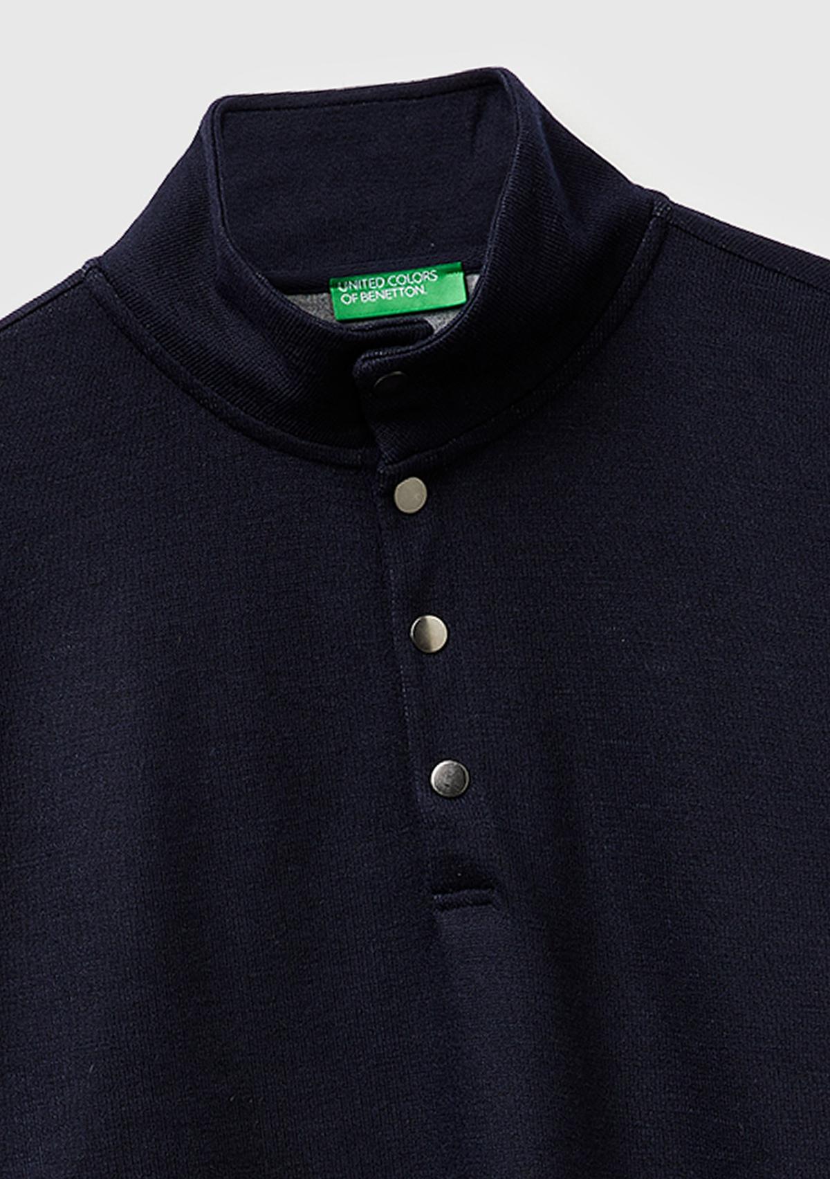 Erkek Lacivert  Yün Karışımlı Düğmeli Dik Yaka Sweatshirt