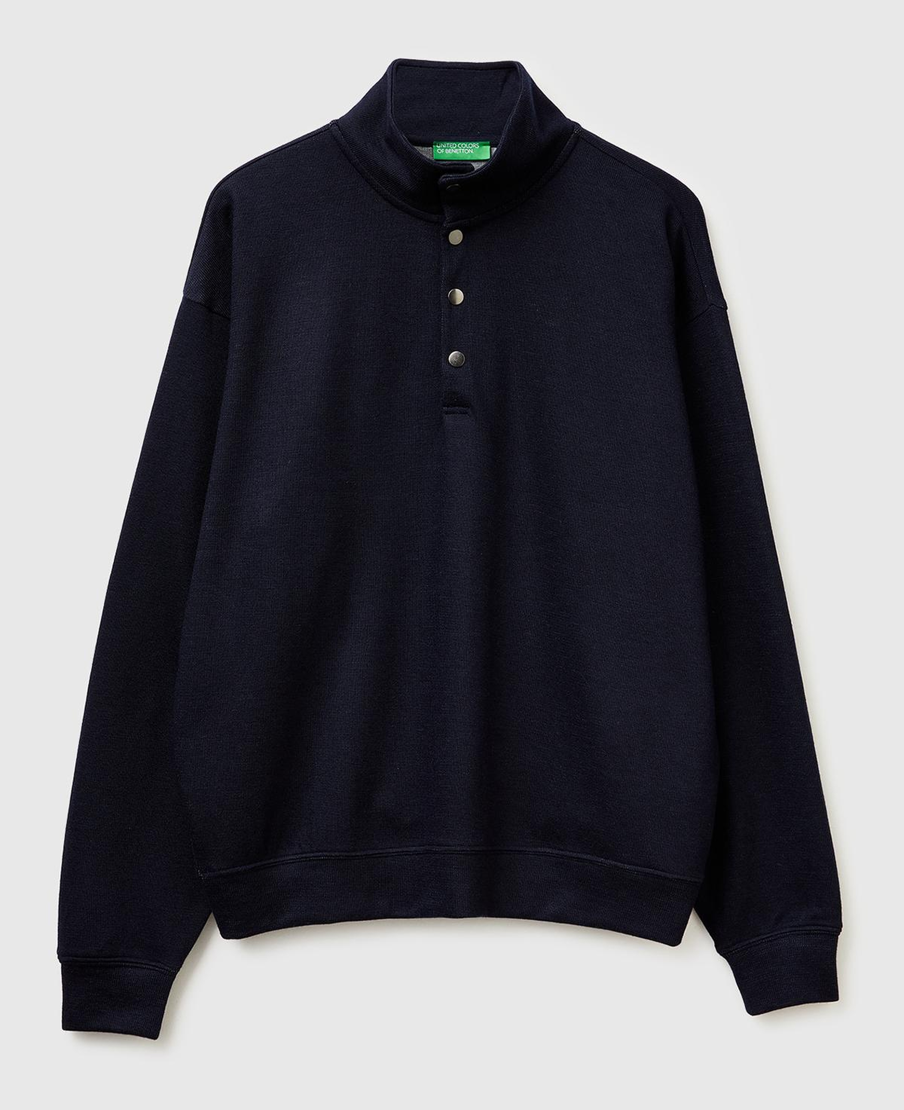 Erkek Lacivert  Yün Karışımlı Düğmeli Dik Yaka Sweatshirt