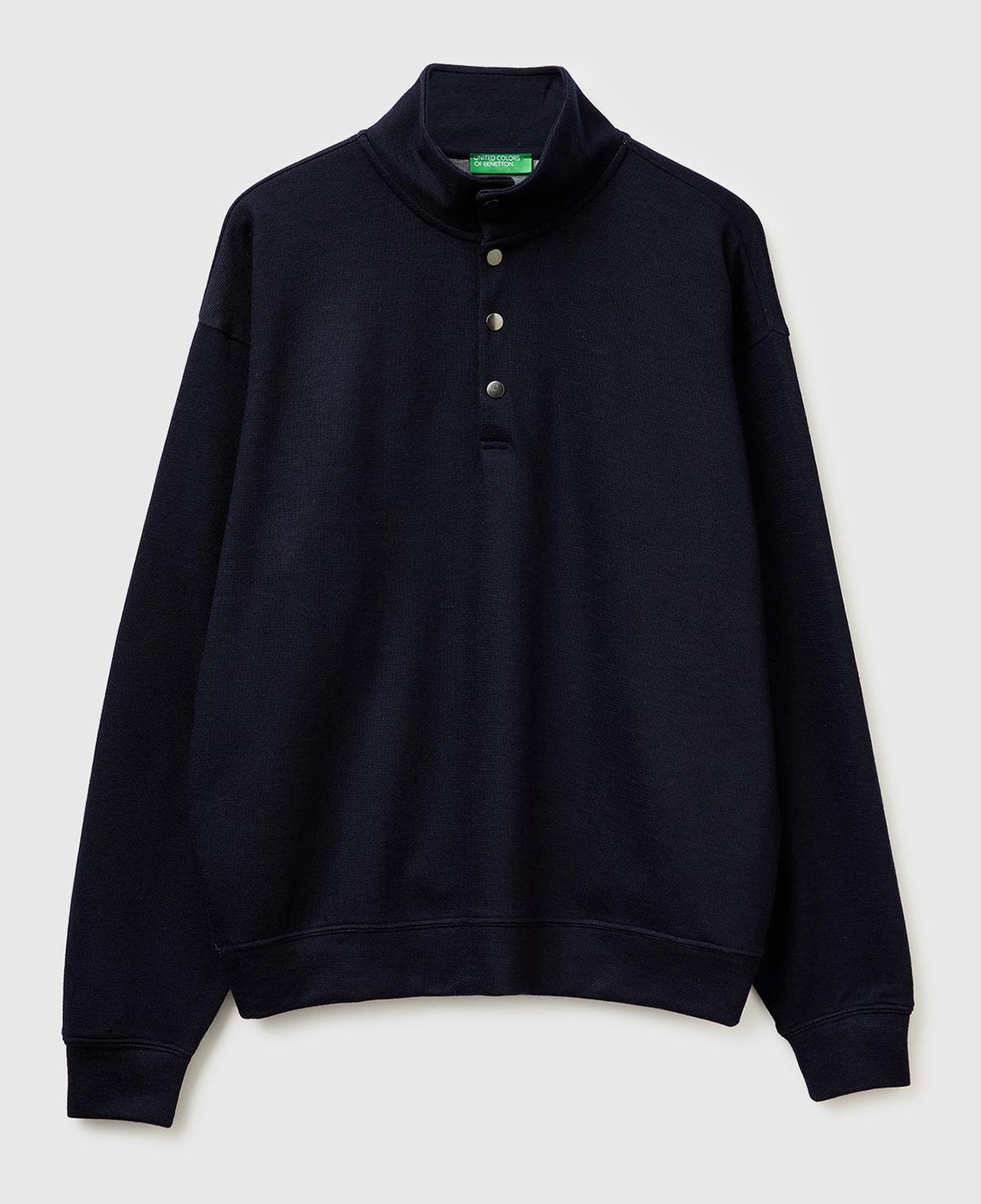 Erkek Lacivert Yün Karışımlı Düğmeli Dik Yaka Sweatshirt