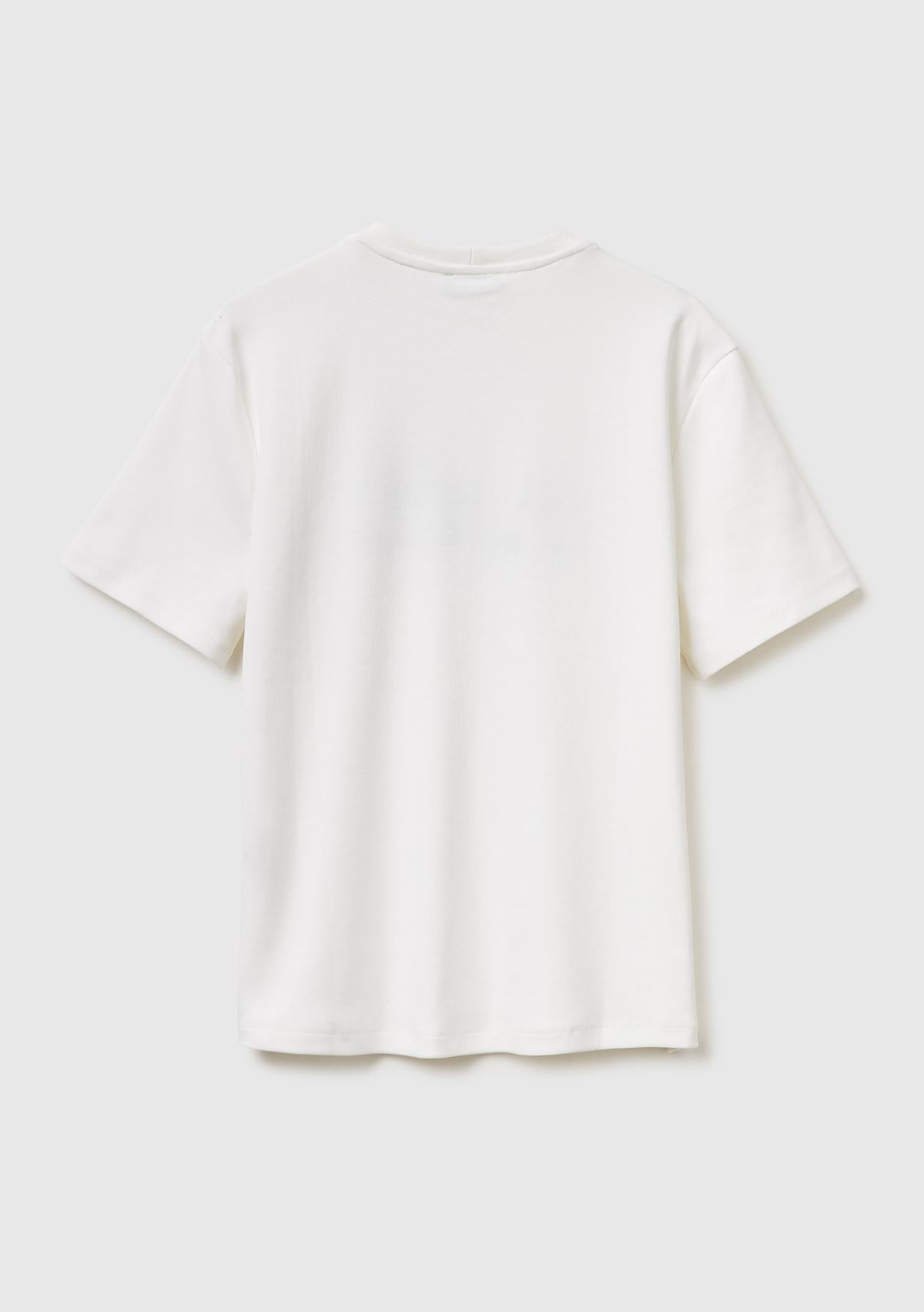 Kadın Krem Pamuk Karışımlı Önü Nakışlı Bisiklet Yaka T-Shirt