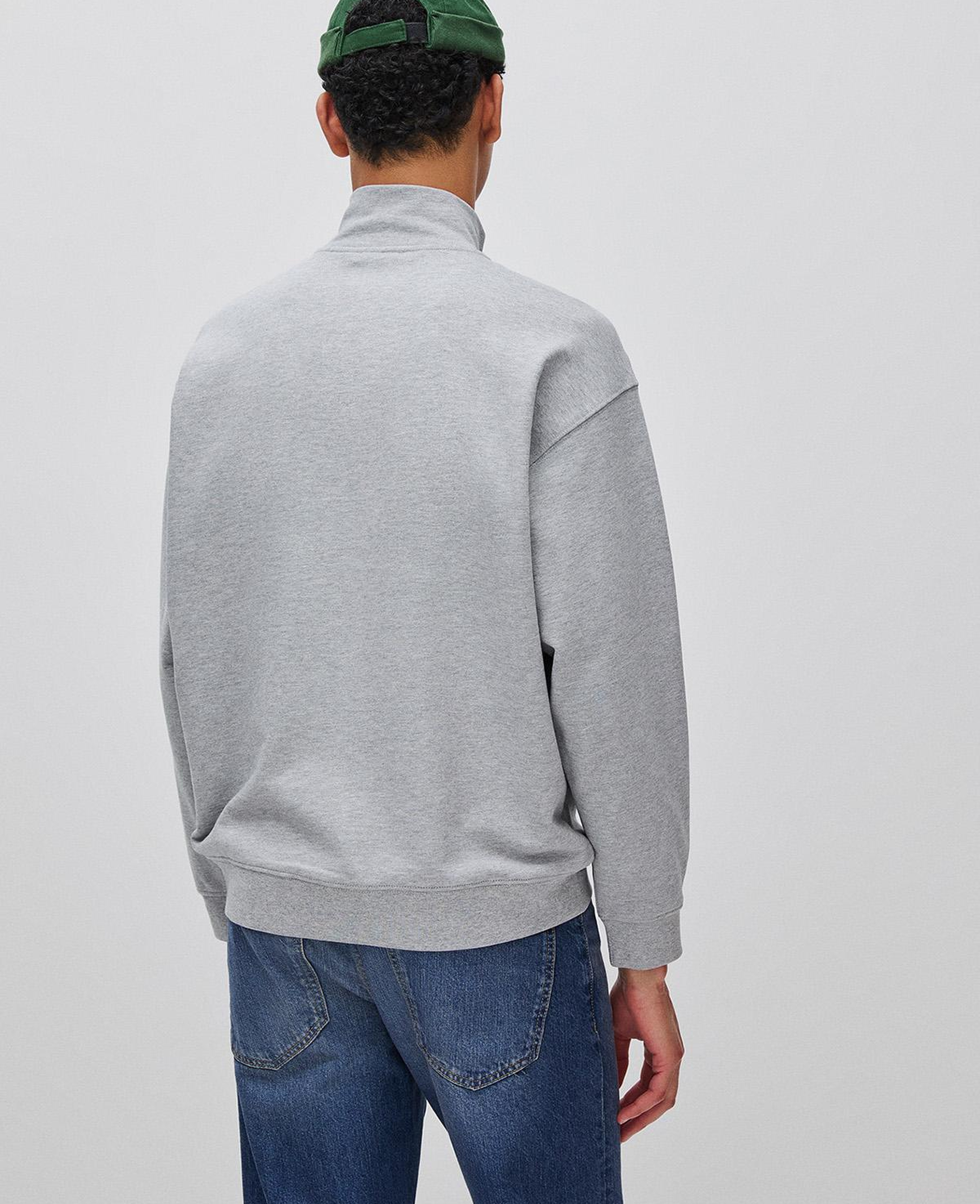 Erkek Gri Melanj %100 Pamuk Logo Detaylı Fermuarlı Dik Yaka Sweatshirt