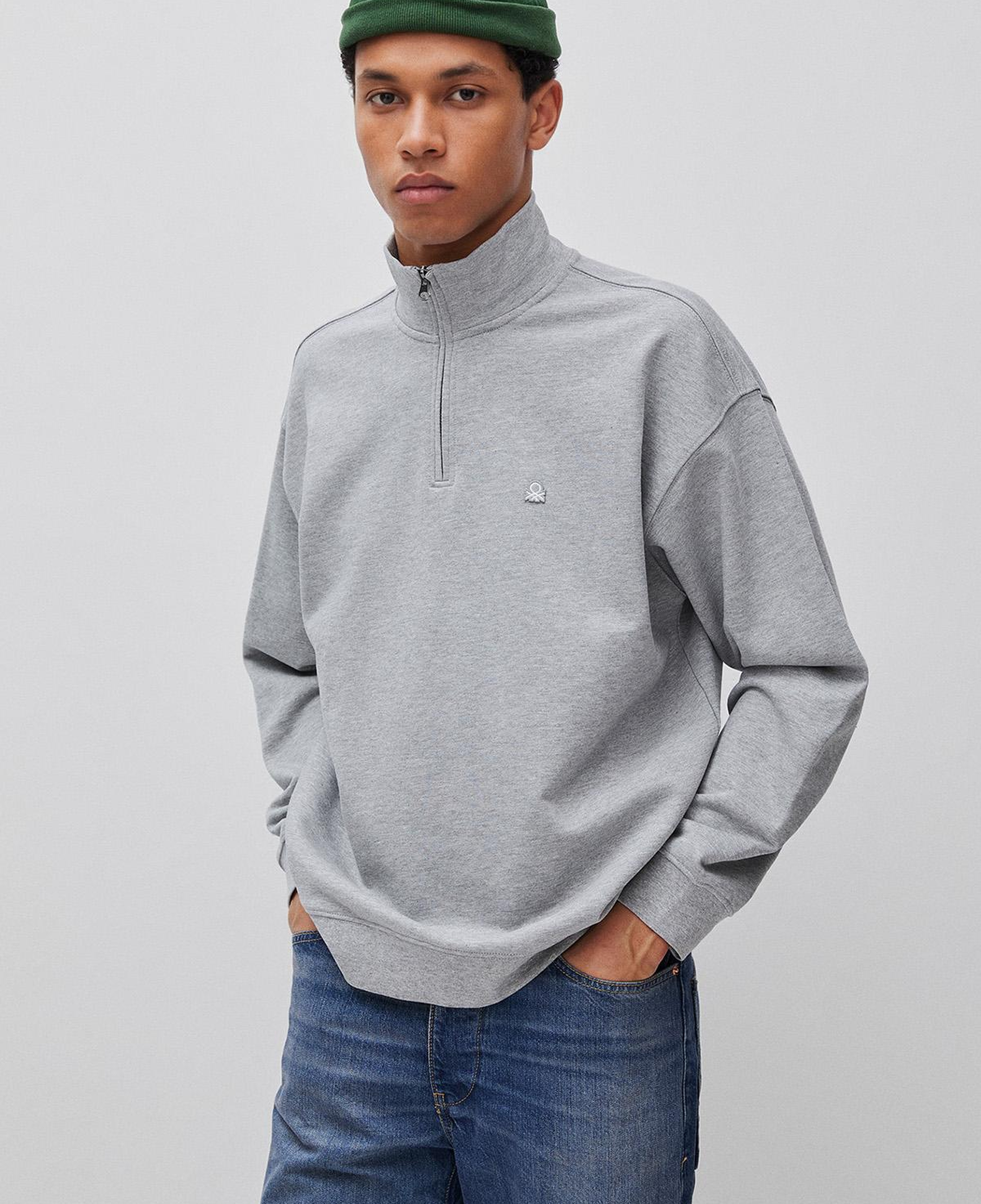 Erkek Gri Melanj %100 Pamuk Logo Detaylı Fermuarlı Dik Yaka Sweatshirt
