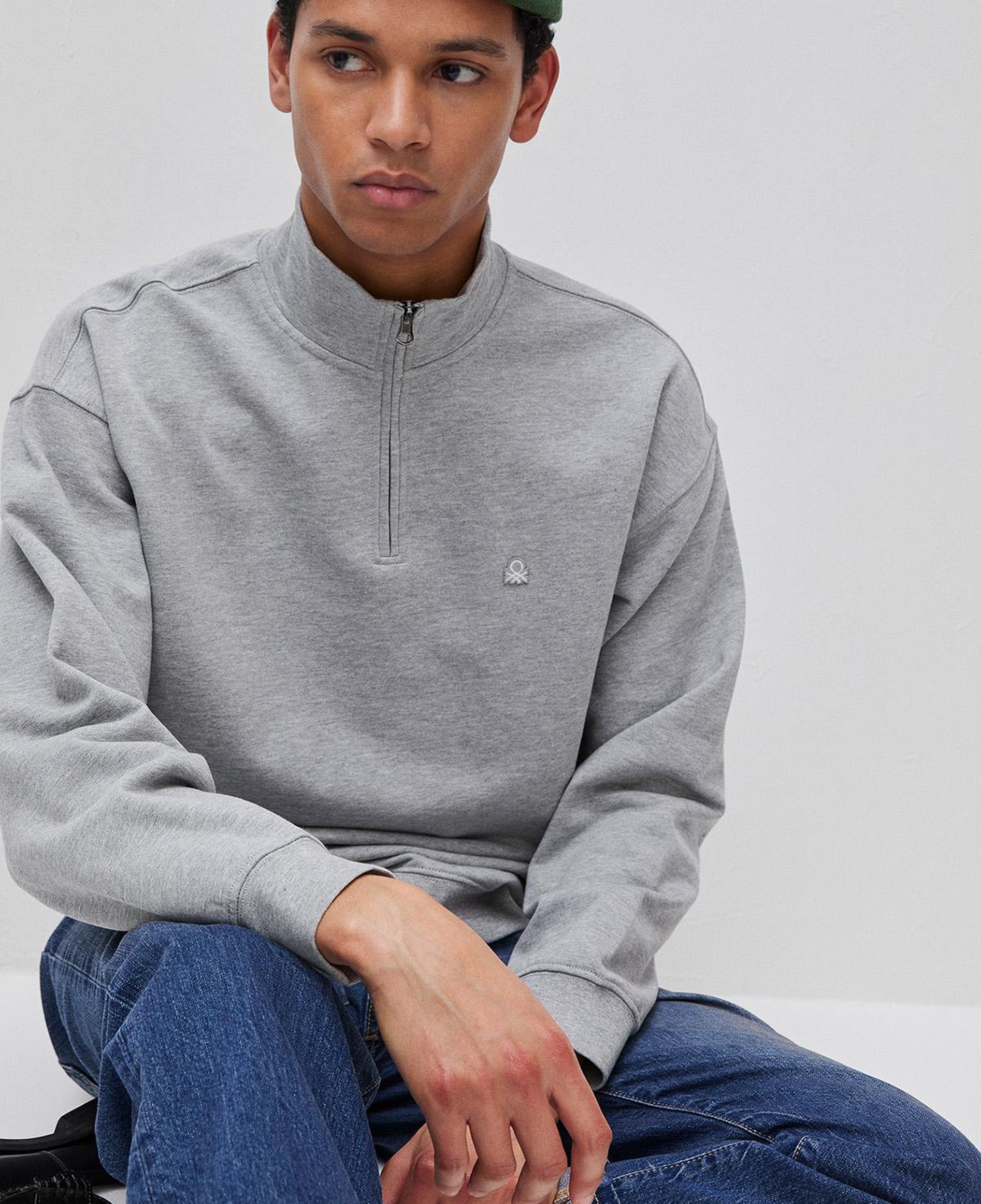Erkek Gri Melanj %100 Pamuk Logo Detaylı Fermuarlı Dik Yaka Sweatshirt