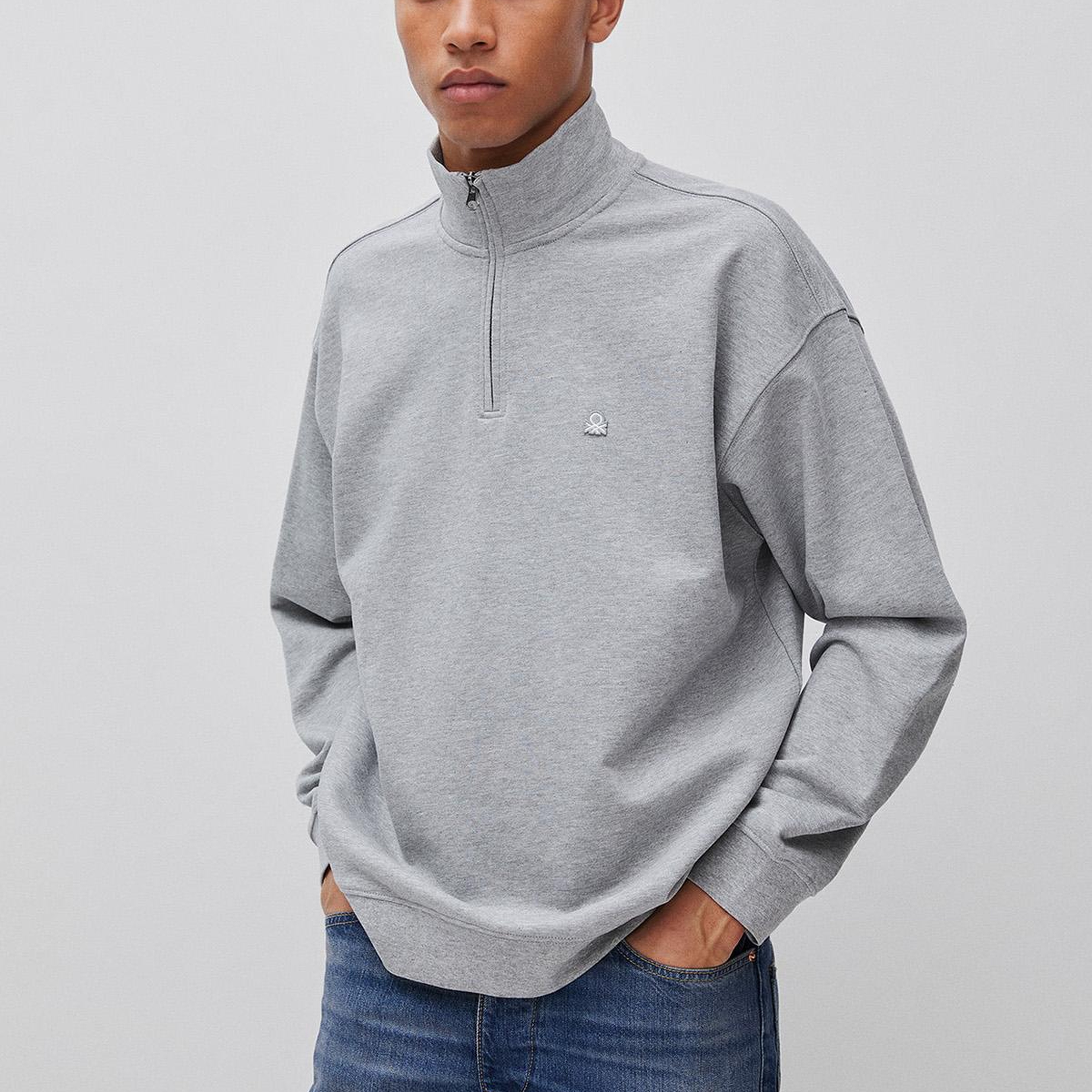 Erkek Gri Melanj  %100 Pamuk Logo Detaylı Fermuarlı Dik Yaka Sweatshirt