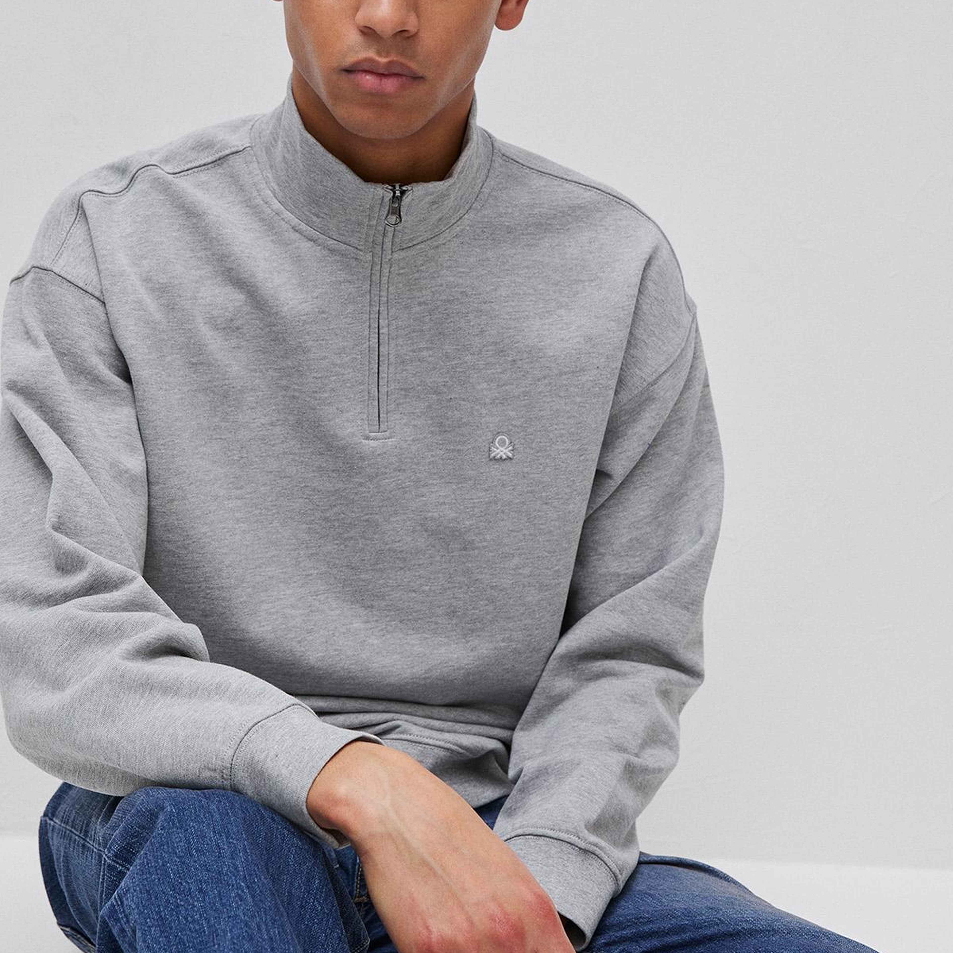 Erkek Gri Melanj  %100 Pamuk Logo Detaylı Fermuarlı Dik Yaka Sweatshirt