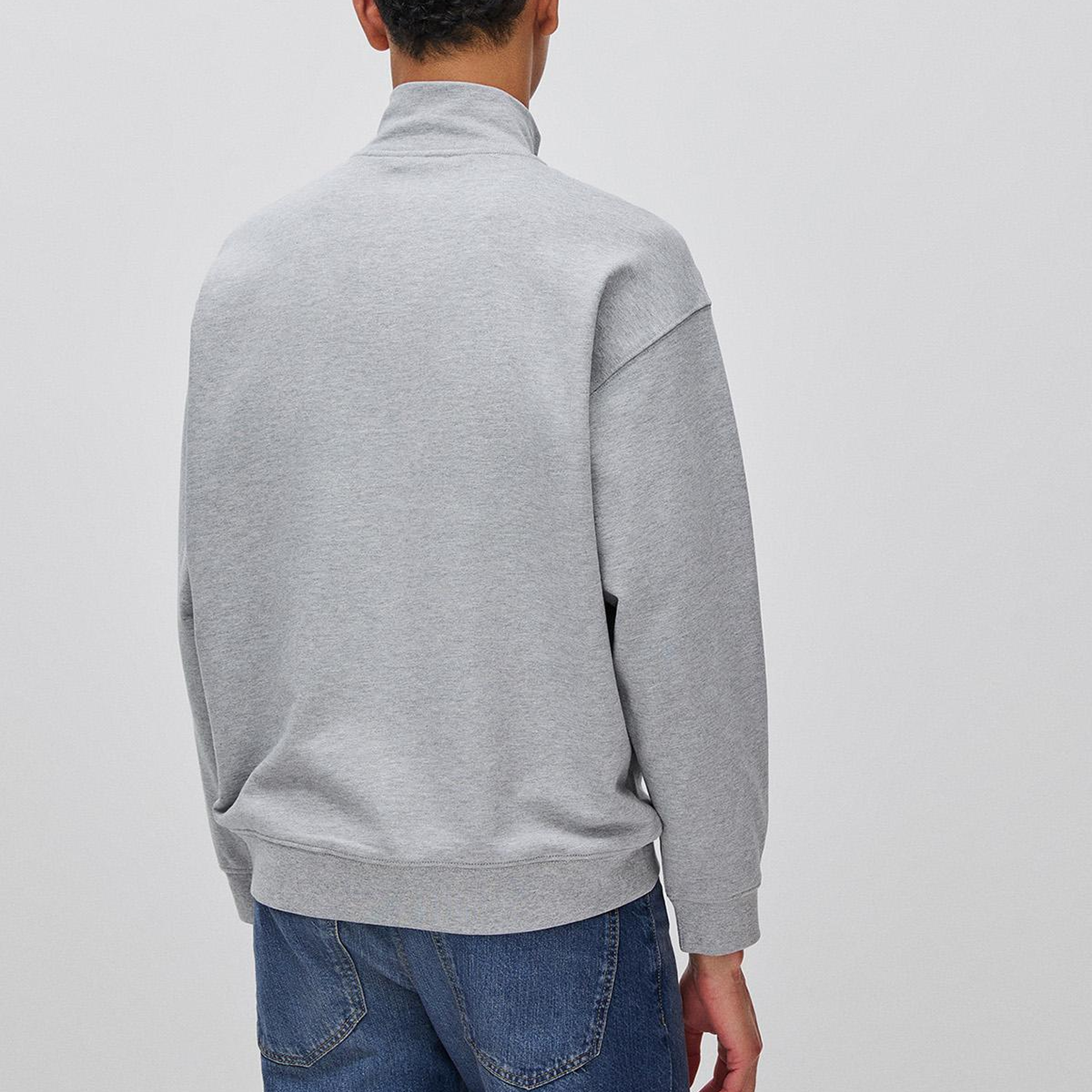 Erkek Gri Melanj  %100 Pamuk Logo Detaylı Fermuarlı Dik Yaka Sweatshirt