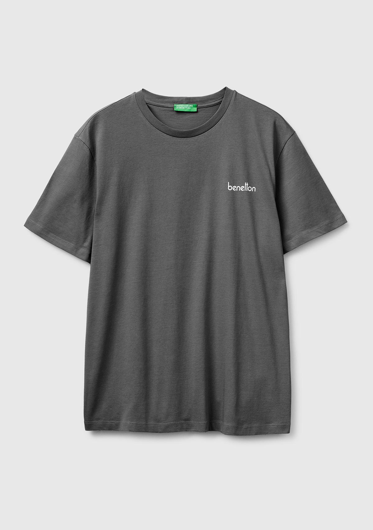 Erkek Antrasit  %100 Pamuk Logo Baskılı Regular Fit Bisiklet Yaka T-Shirt
