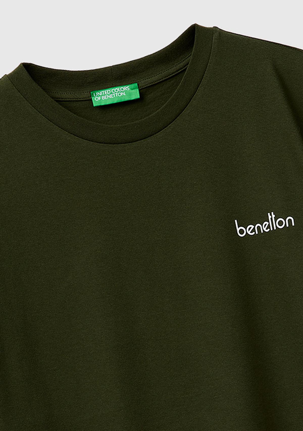 Erkek Koyu Yeşil  %100 Pamuk Logo Baskılı Regular Fit Bisiklet Yaka T-Shirt