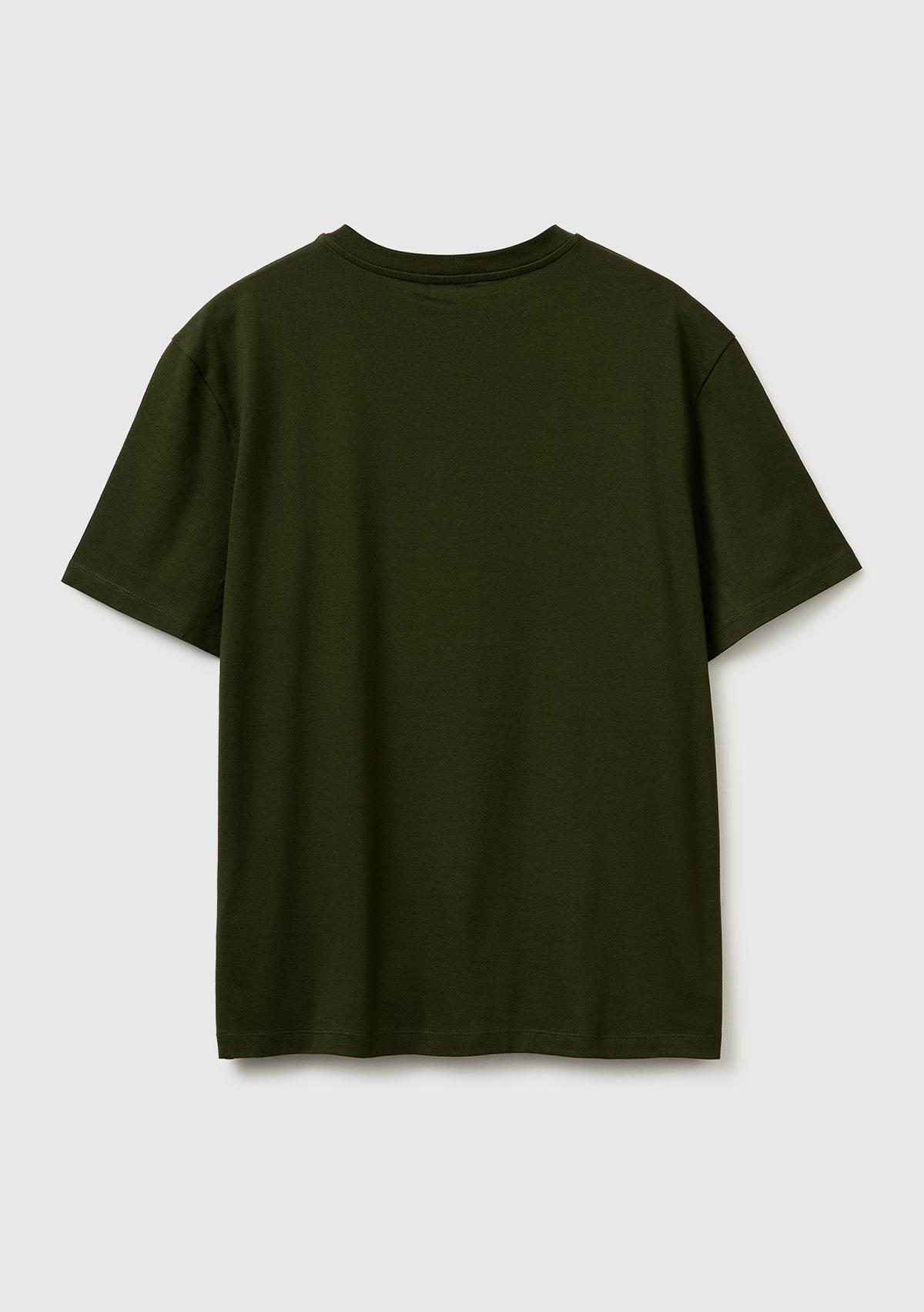 Erkek Koyu Yeşil  %100 Pamuk Logo Baskılı Regular Fit Bisiklet Yaka T-Shirt