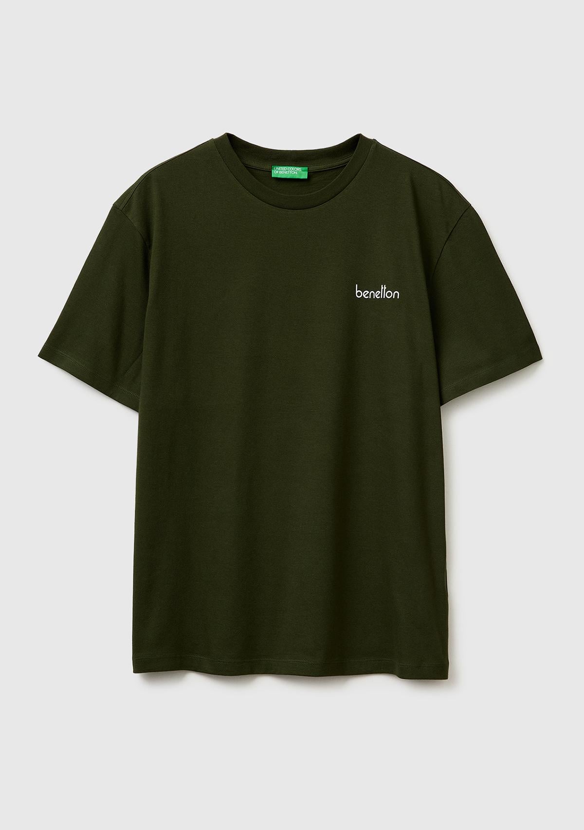 Erkek Koyu Yeşil %100 Pamuk Logo Baskılı Regular Fit Bisiklet Yaka T-Shirt