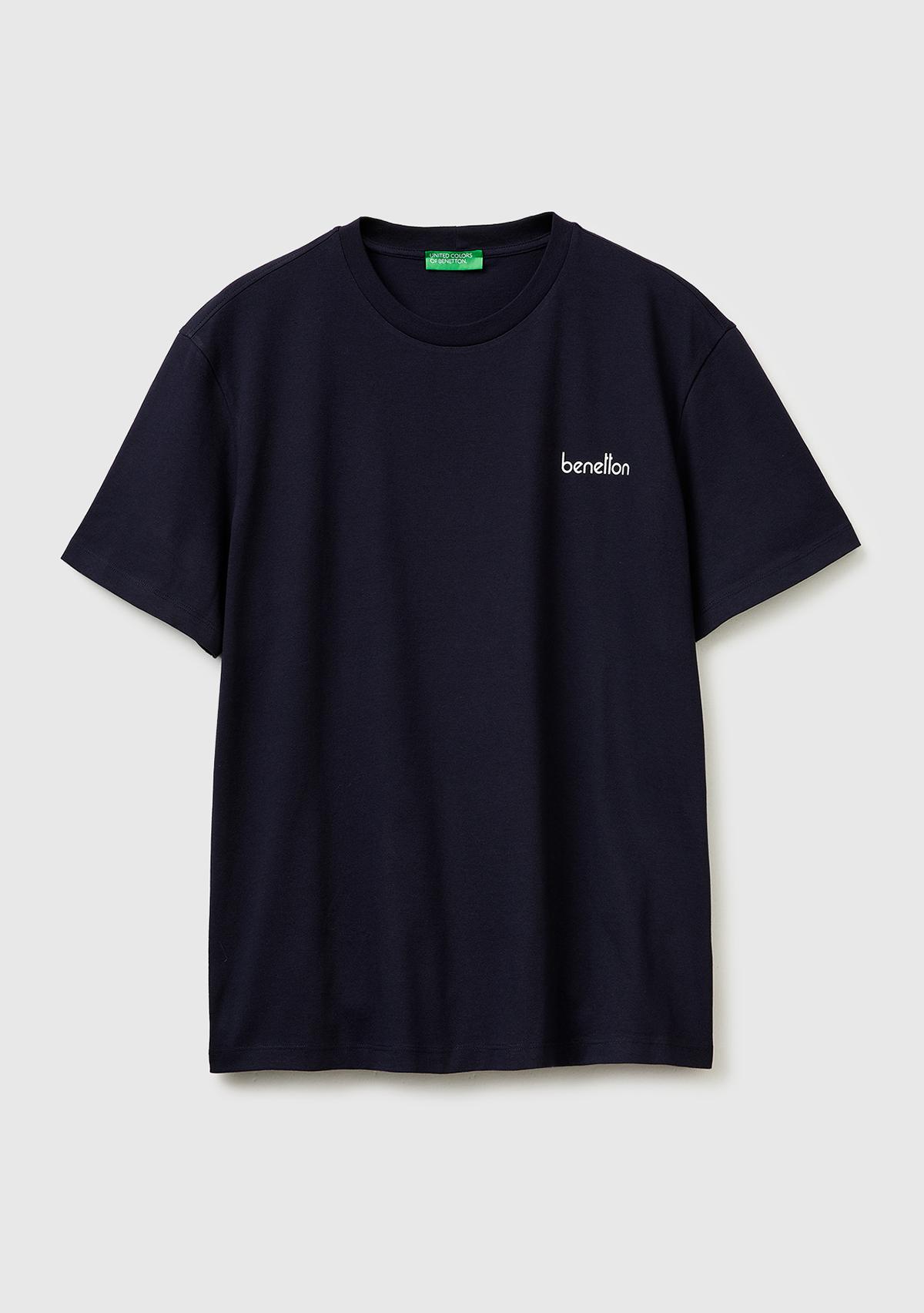 Erkek Lacivert  %100 Pamuk Logo Baskılı Regular Fit Bisiklet Yaka T-Shirt