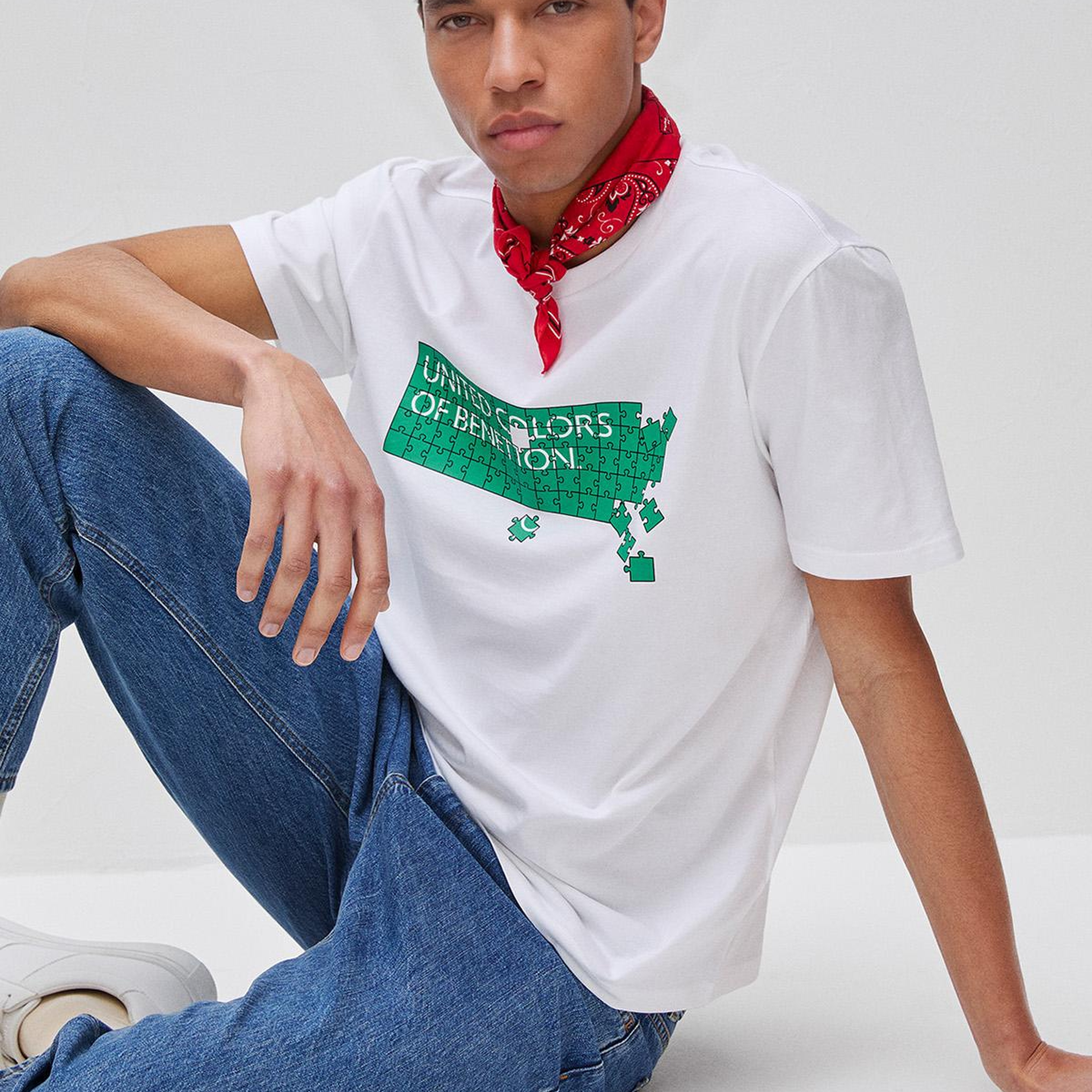 Erkek Beyaz Mix %100 Pamuk Logo Baskılı Regular Fit Bisiklet Yaka T-Shirt