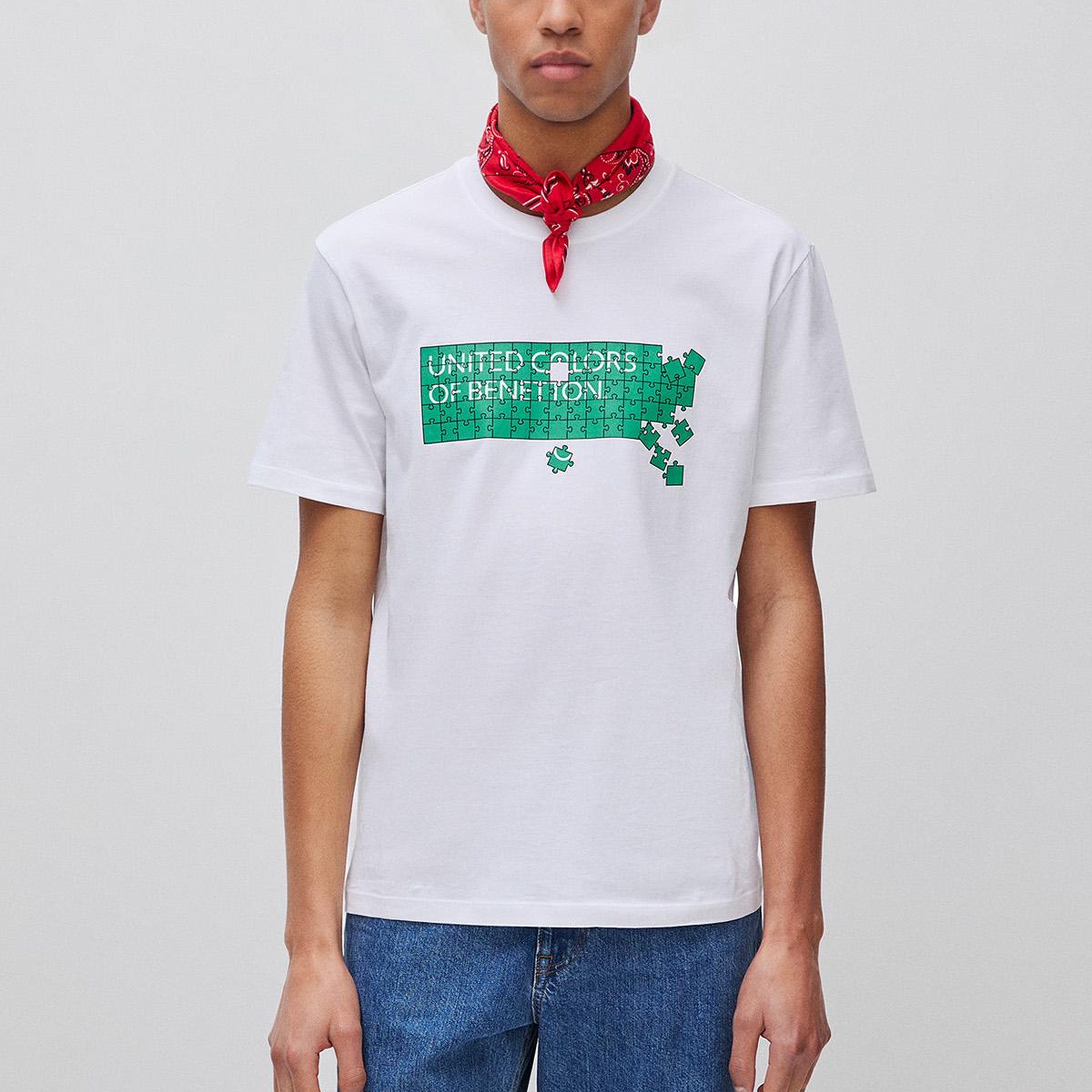 Erkek Beyaz Mix  %100 Pamuk Logo Baskılı Regular Fit Bisiklet Yaka T-Shirt