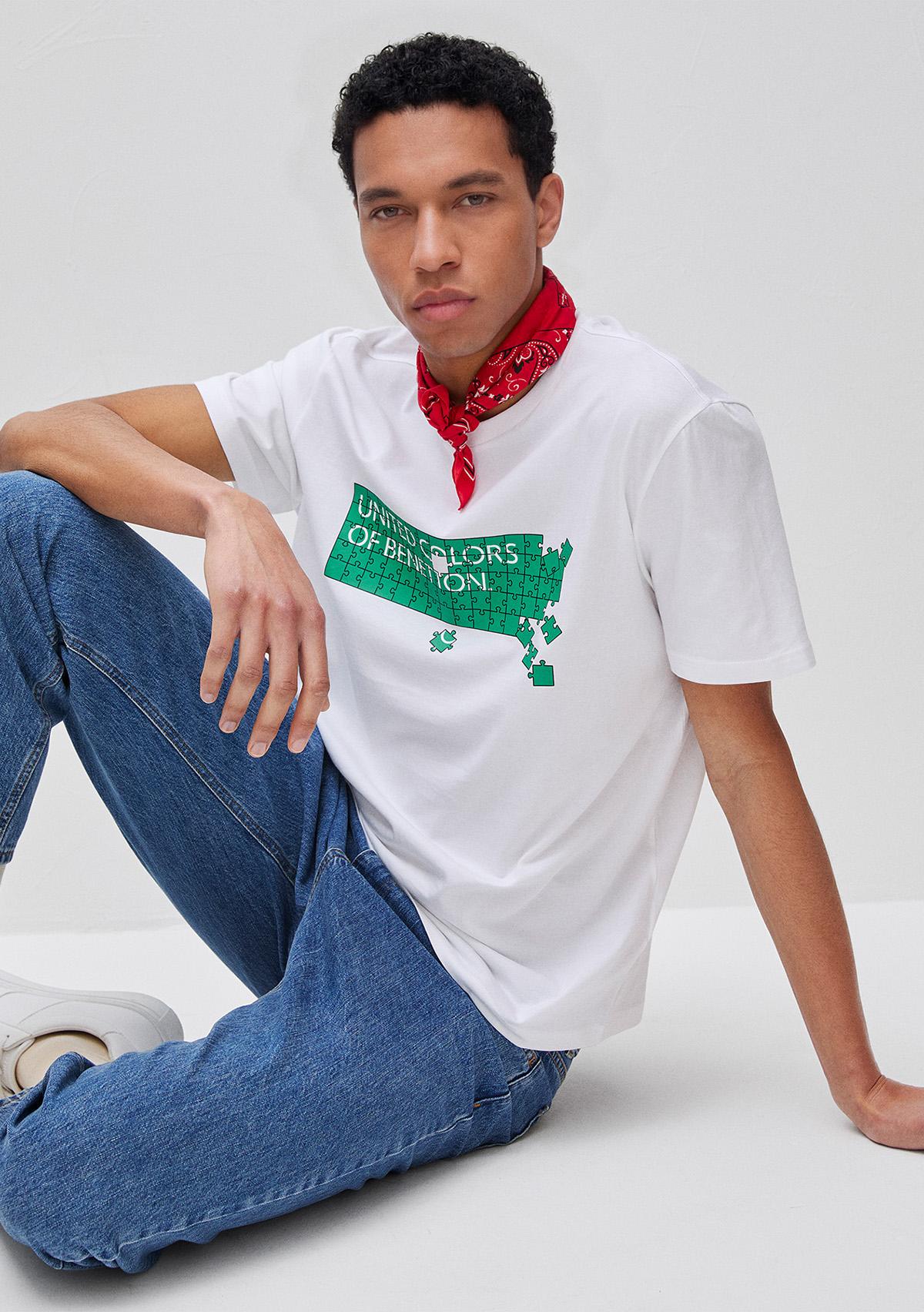 Erkek Beyaz Mix %100 Pamuk Logo Baskılı Regular Fit Bisiklet Yaka T-Shirt