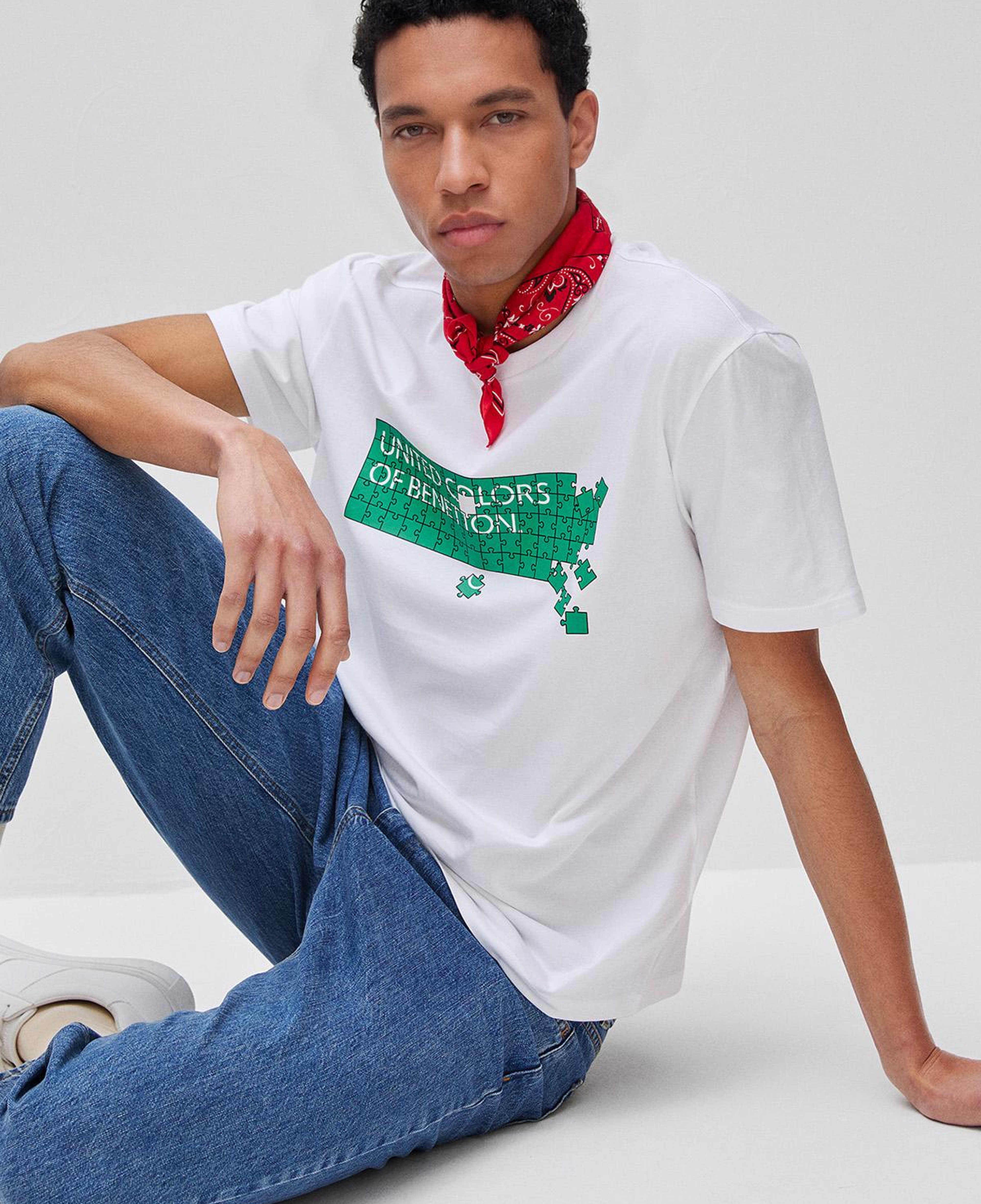 Erkek Beyaz Mix  %100 Pamuk Logo Baskılı Regular Fit Bisiklet Yaka T-Shirt