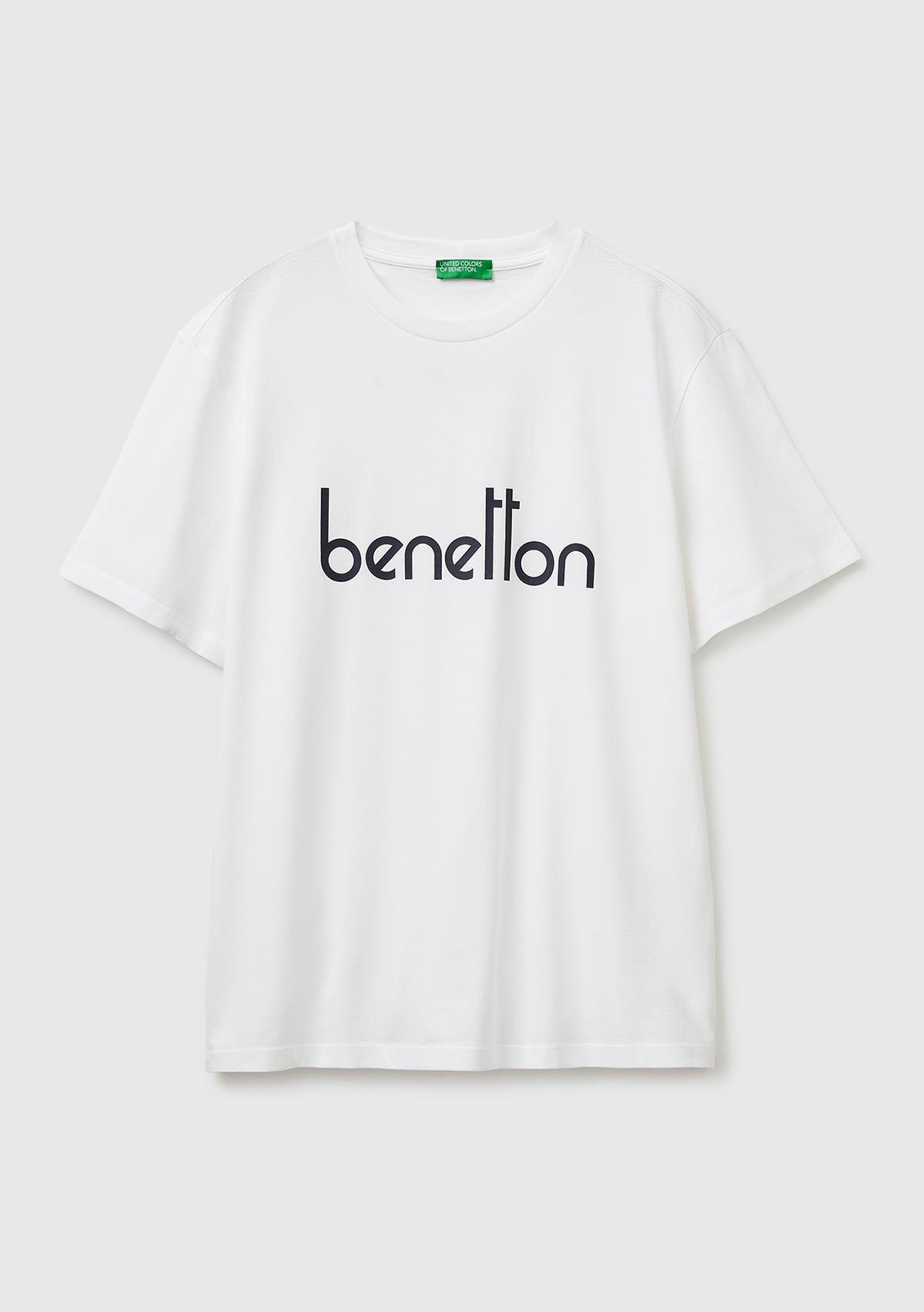 Erkek Beyaz  %100 Pamuk Logo Baskılı Regular Fit Bisiklet Yaka T-Shirt