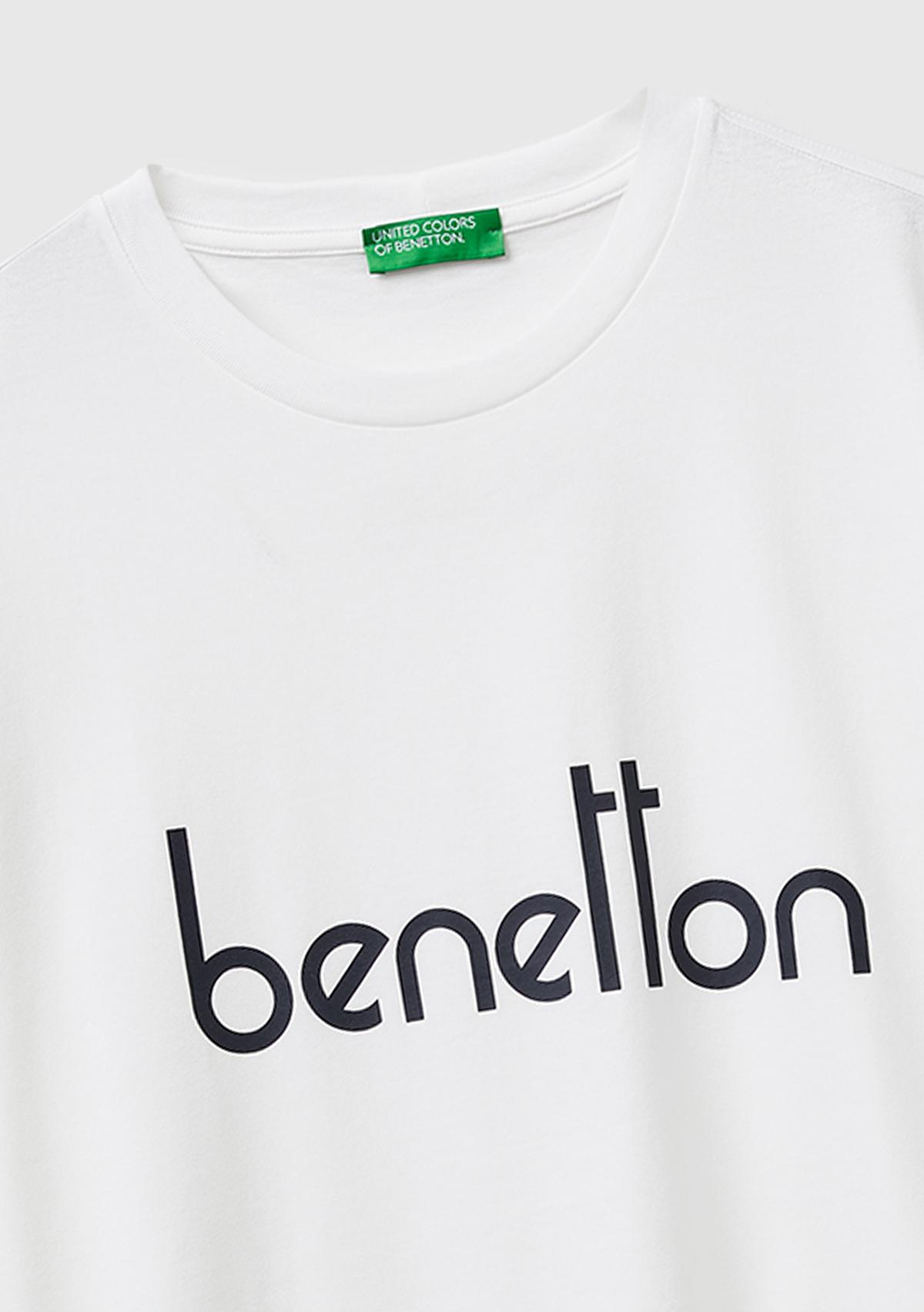 Erkek Beyaz  %100 Pamuk Logo Baskılı Regular Fit Bisiklet Yaka T-Shirt