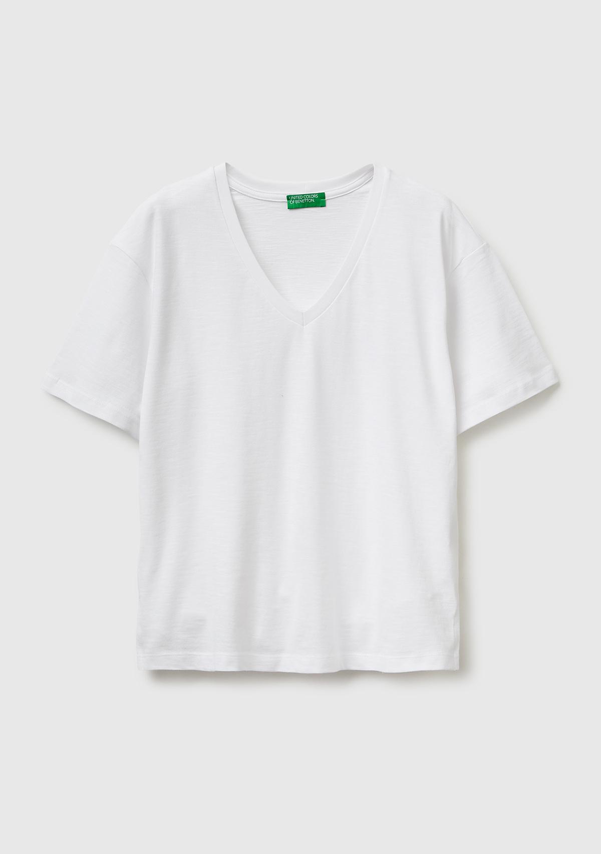 Kadın Beyaz %100 Pamuk Klasik V Yaka T-Shirt