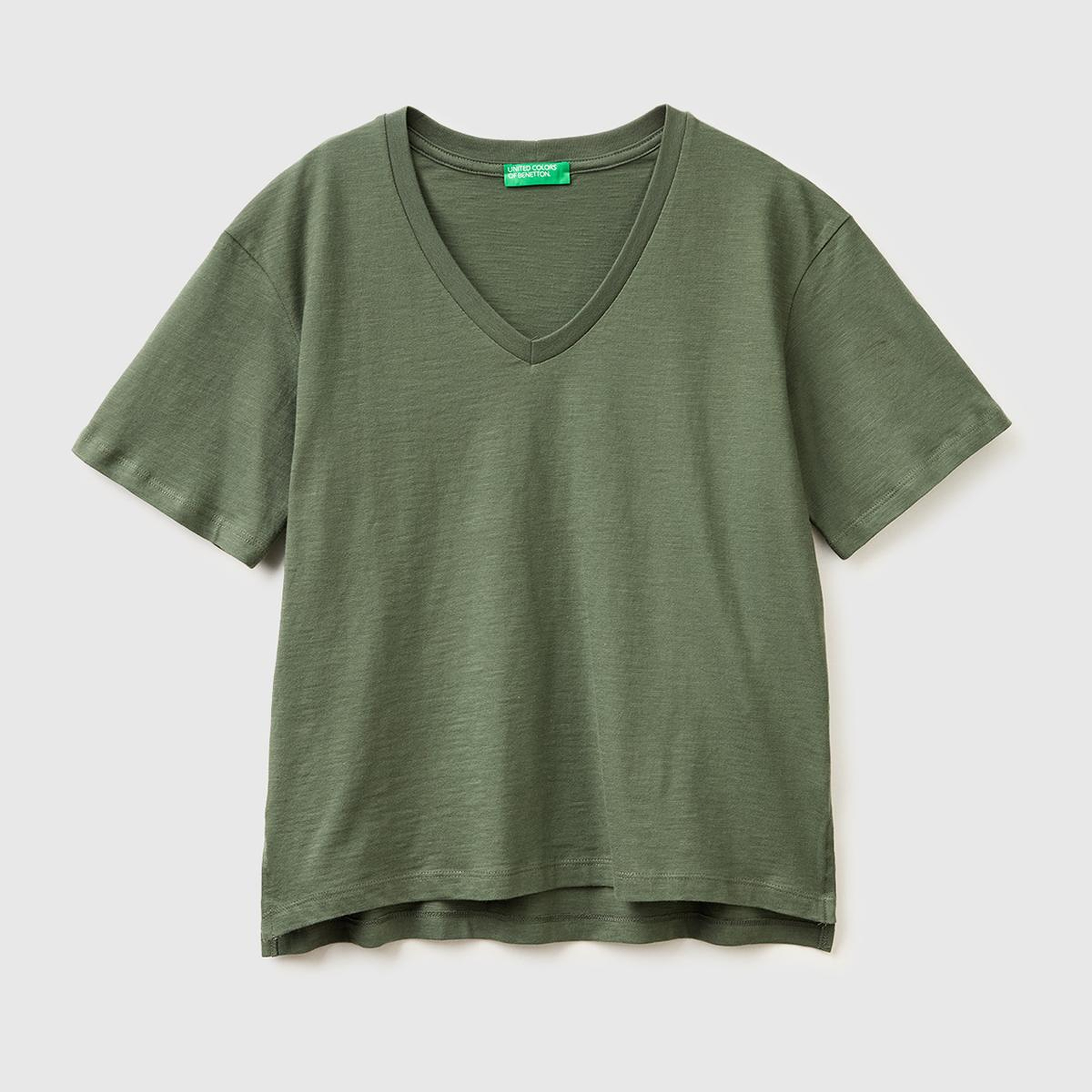 Kadın Haki %100 Pamuk Klasik V Yaka T-Shirt