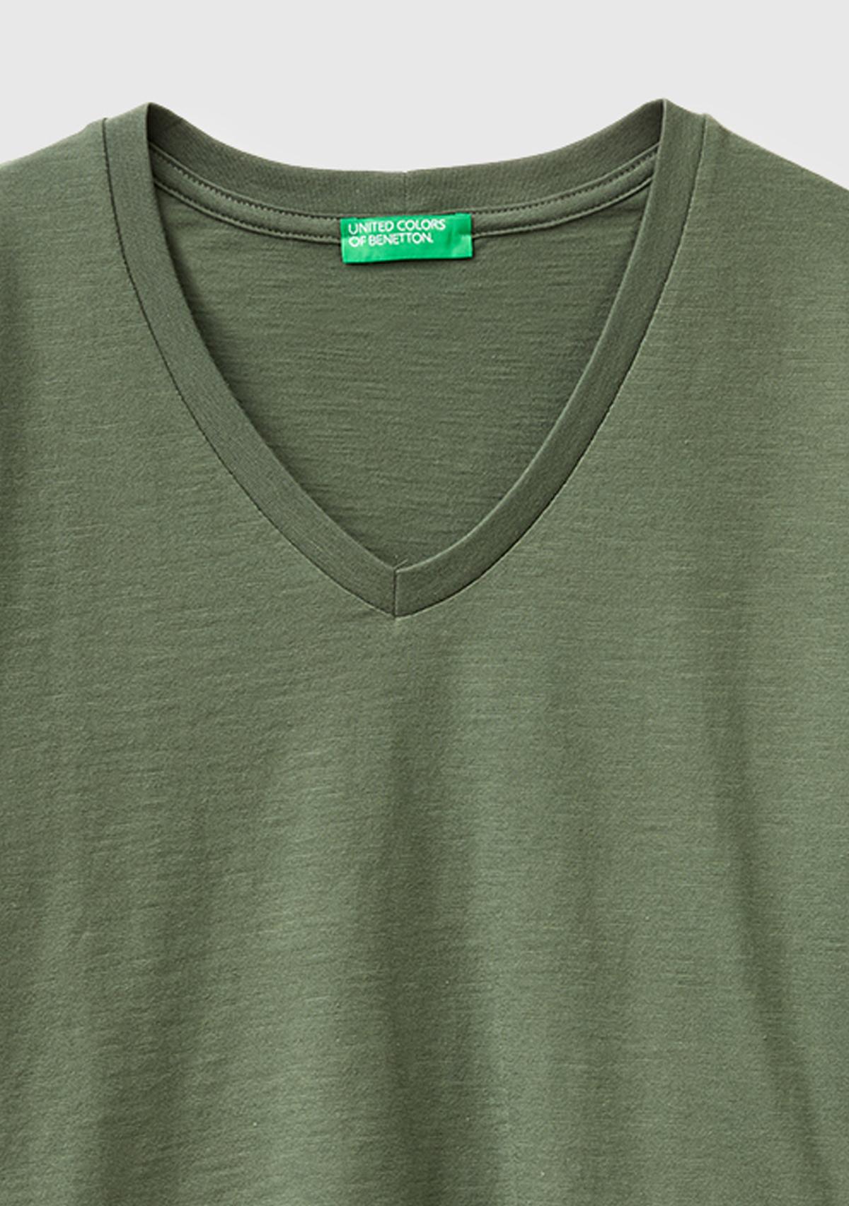 Kadın Haki %100 Pamuk Klasik V Yaka T-Shirt