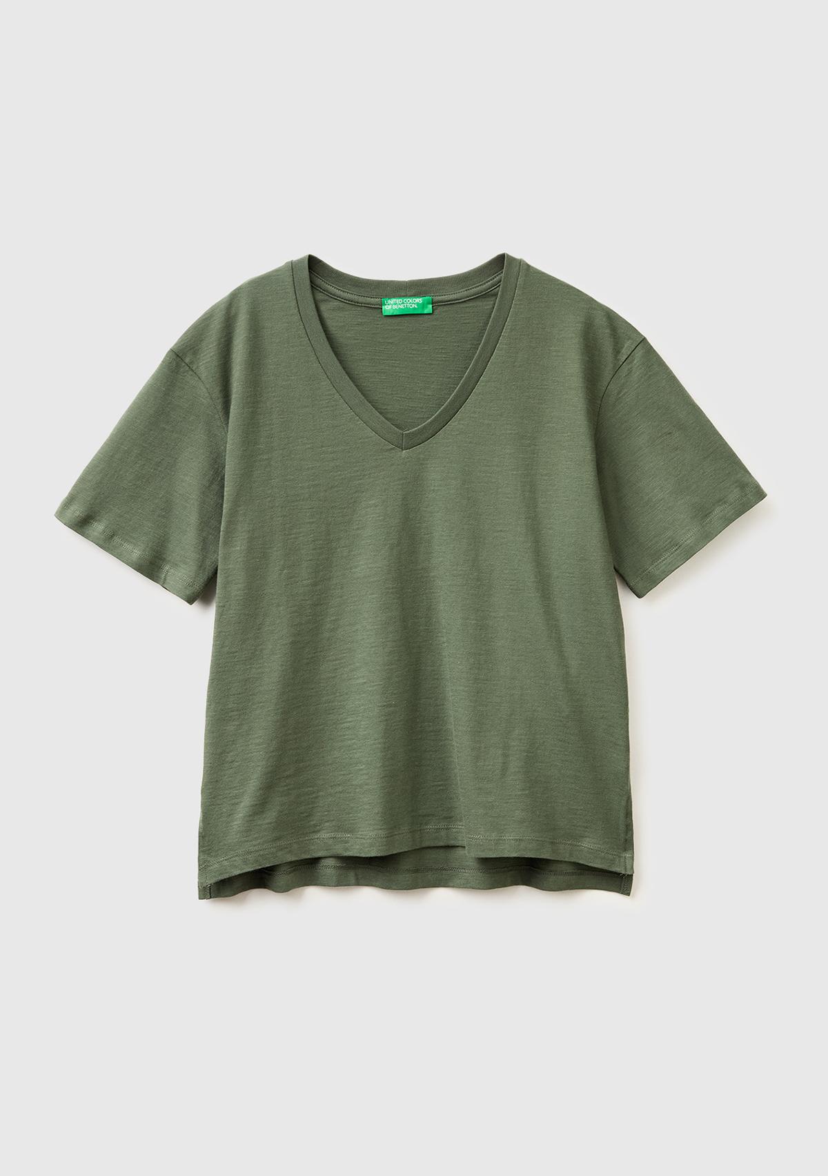 Kadın Haki %100 Pamuk Klasik V Yaka T-Shirt