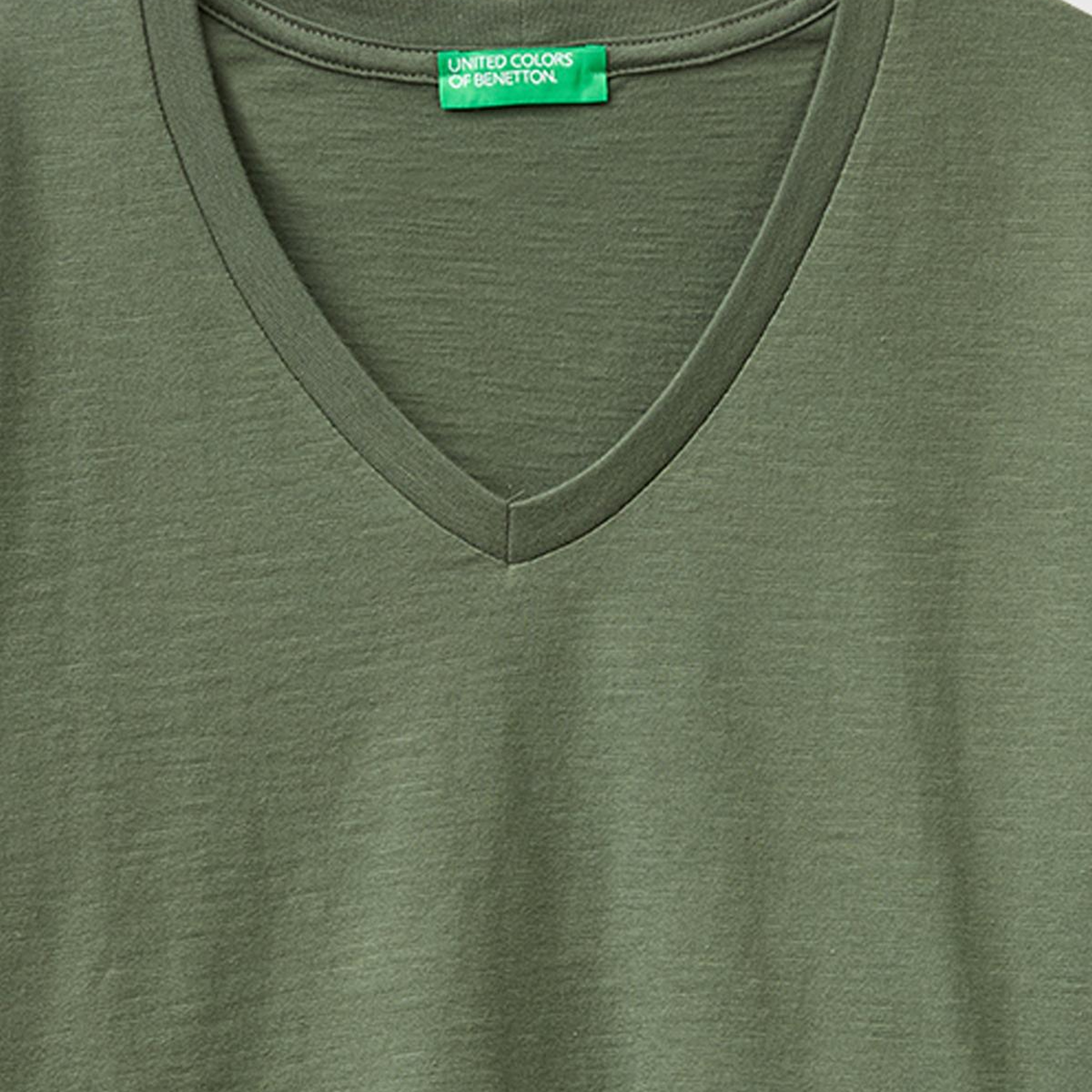 Kadın Haki %100 Pamuk Klasik V Yaka T-Shirt
