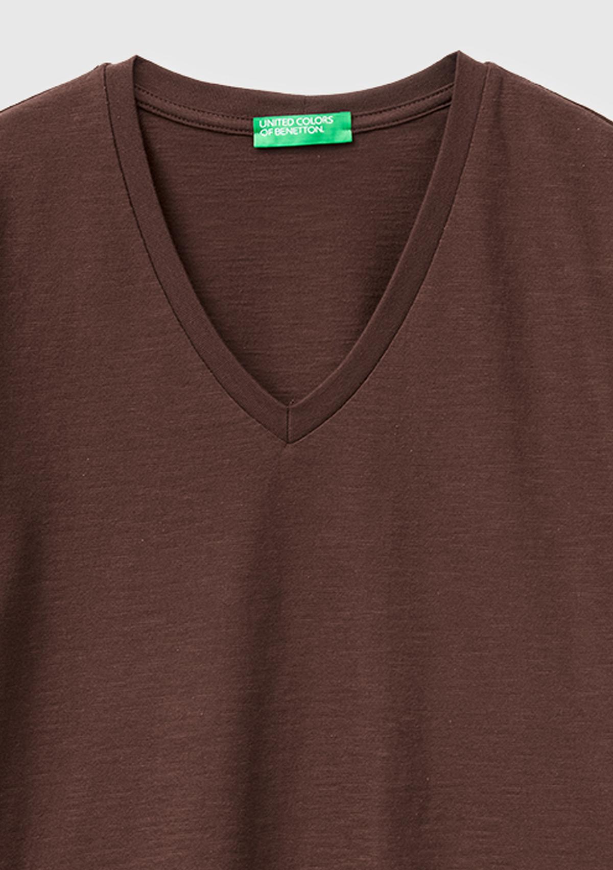 Kadın Kahverengi %100 Pamuk Klasik V Yaka T-Shirt