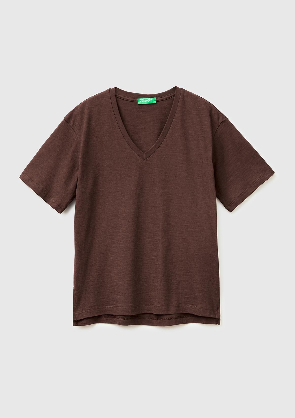 Kadın Kahverengi %100 Pamuk Klasik V Yaka T-Shirt