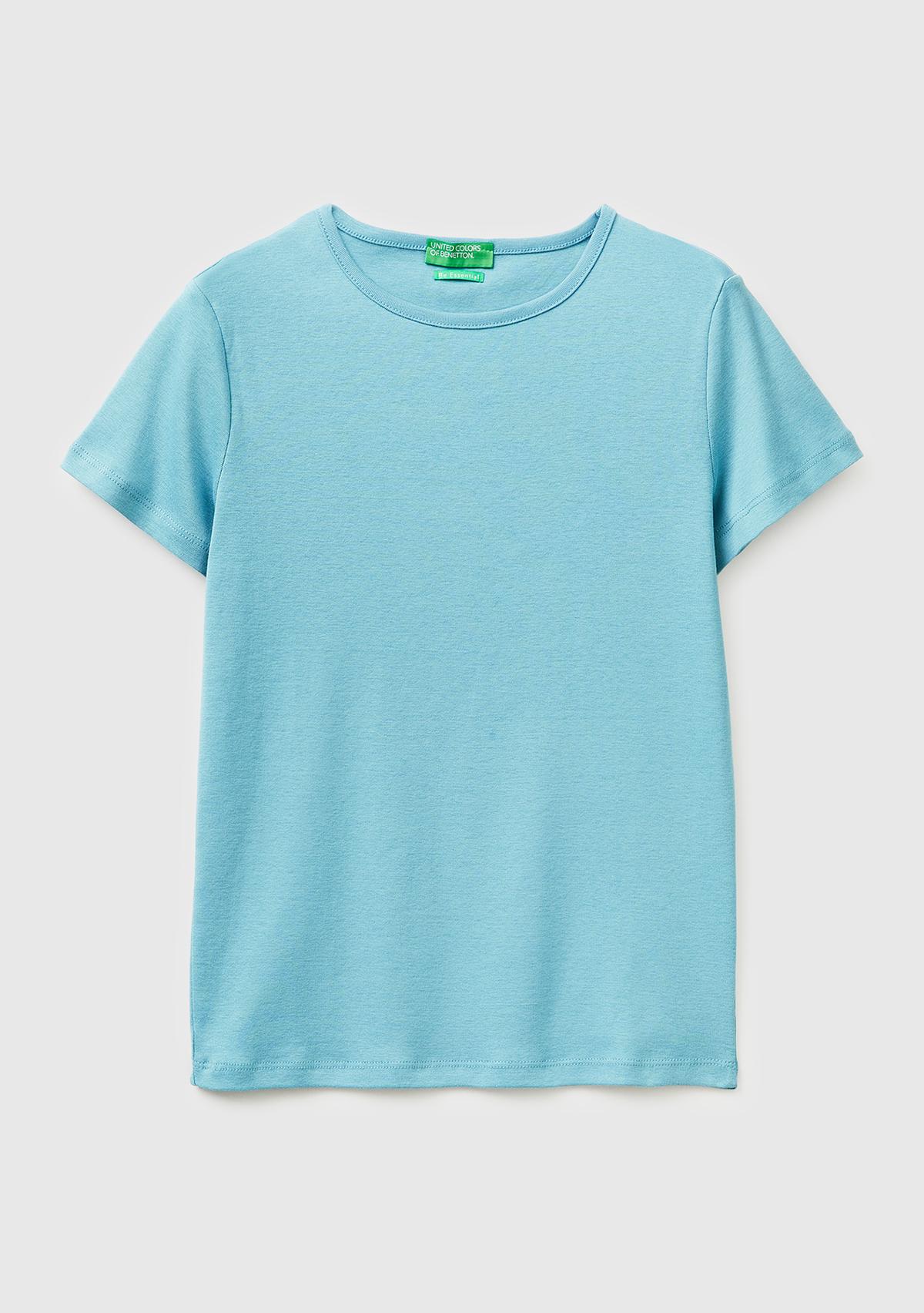 Kadın Mavi %100 Pamuk Bisiklet Yaka T-Shirt