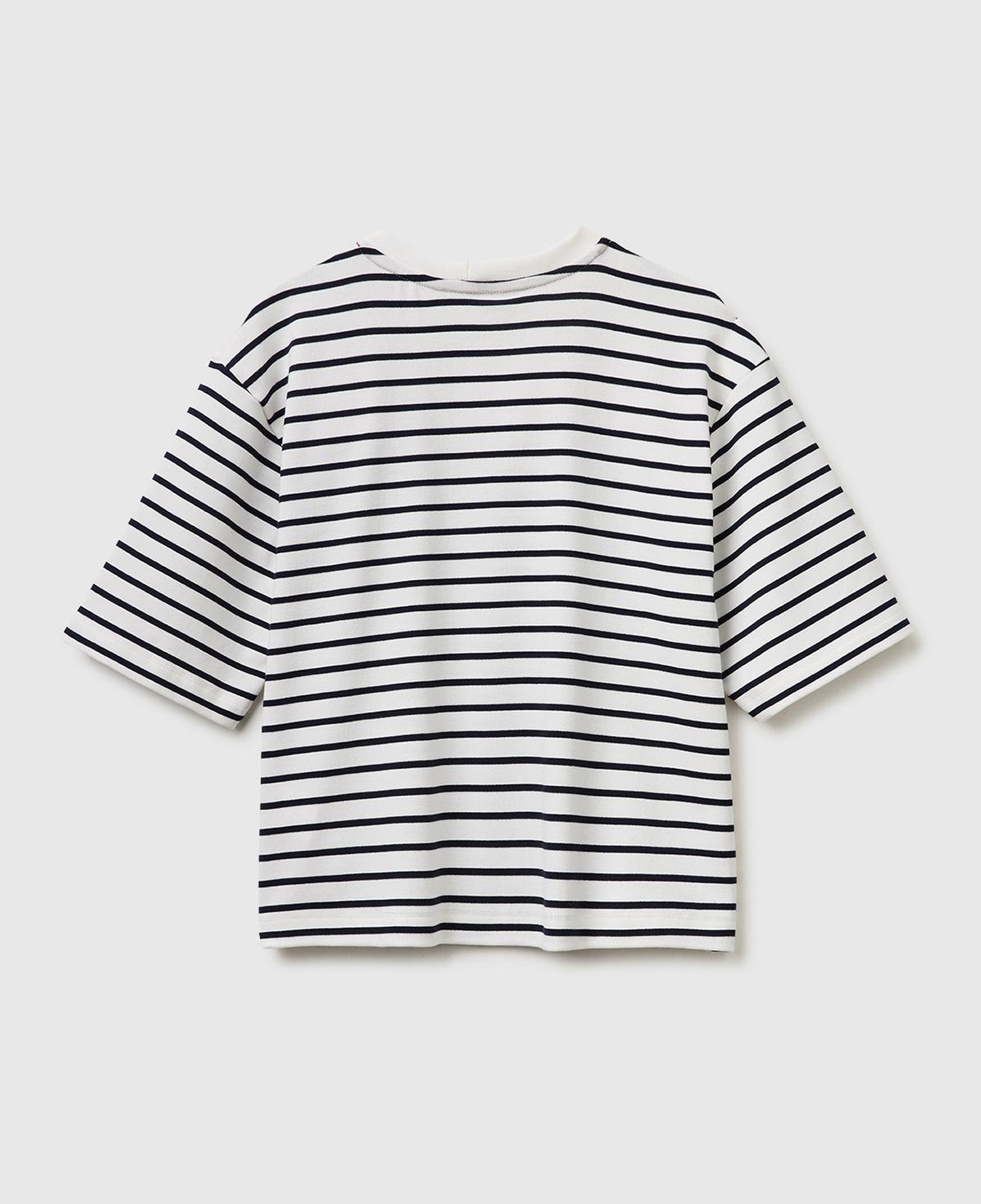 Kadın Lacivert Pamuk Karışımlı Nakış Detaylı Çizgili Bisiklet Yaka T-Shirt