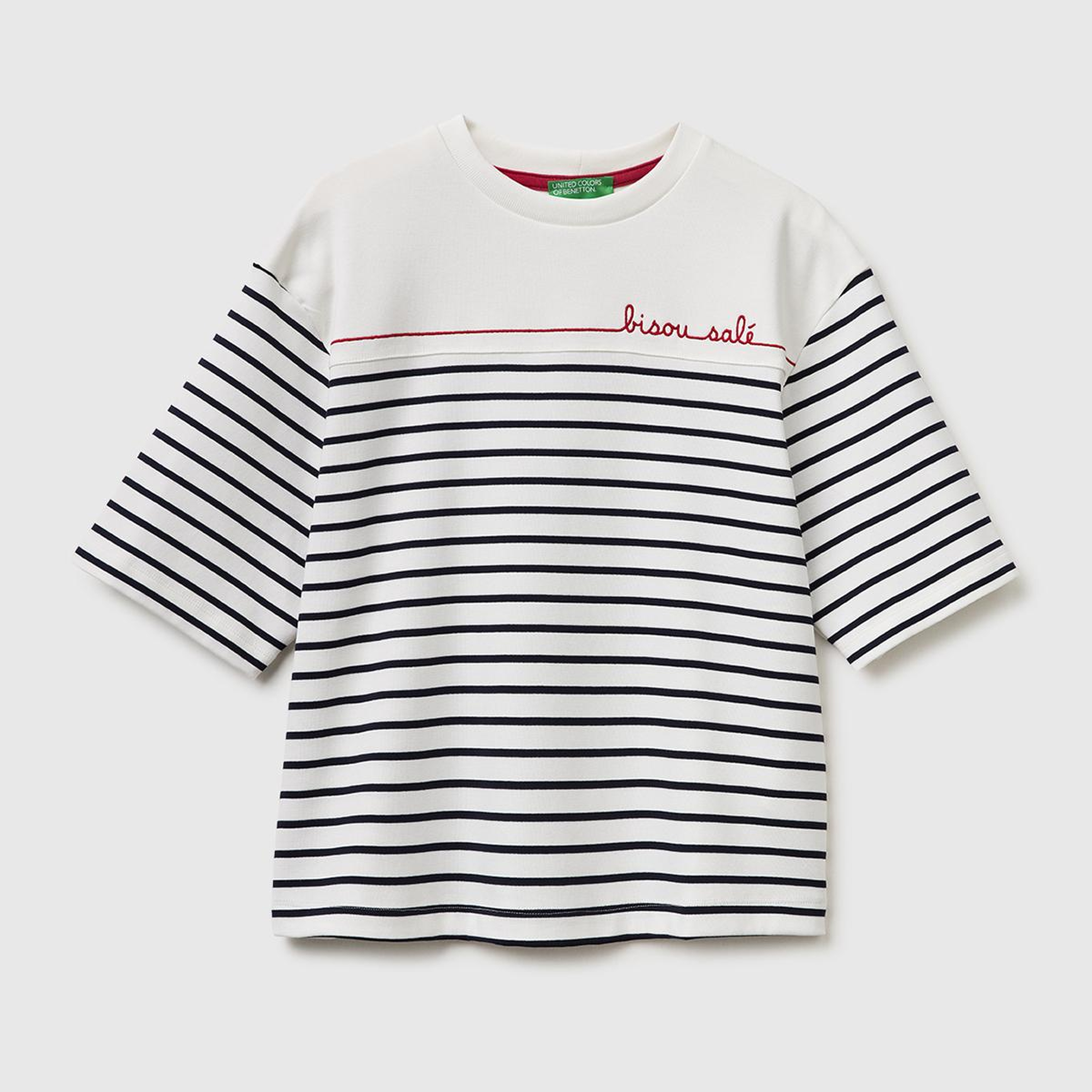 Kadın Lacivert Pamuk Karışımlı Nakış Detaylı Çizgili Bisiklet Yaka T-Shirt