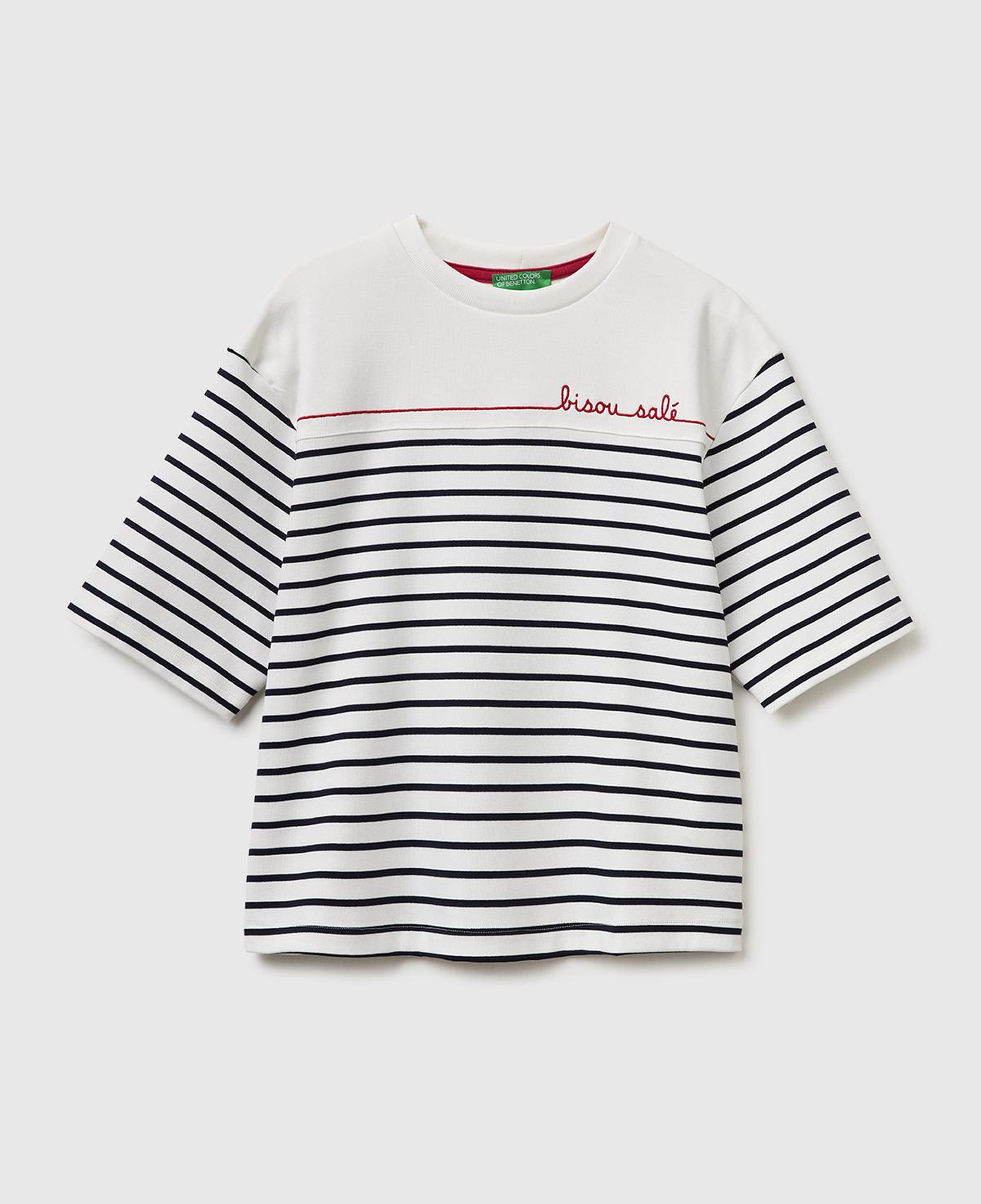 Kadın Lacivert Pamuk Karışımlı Nakış Detaylı Çizgili Bisiklet Yaka T-Shirt