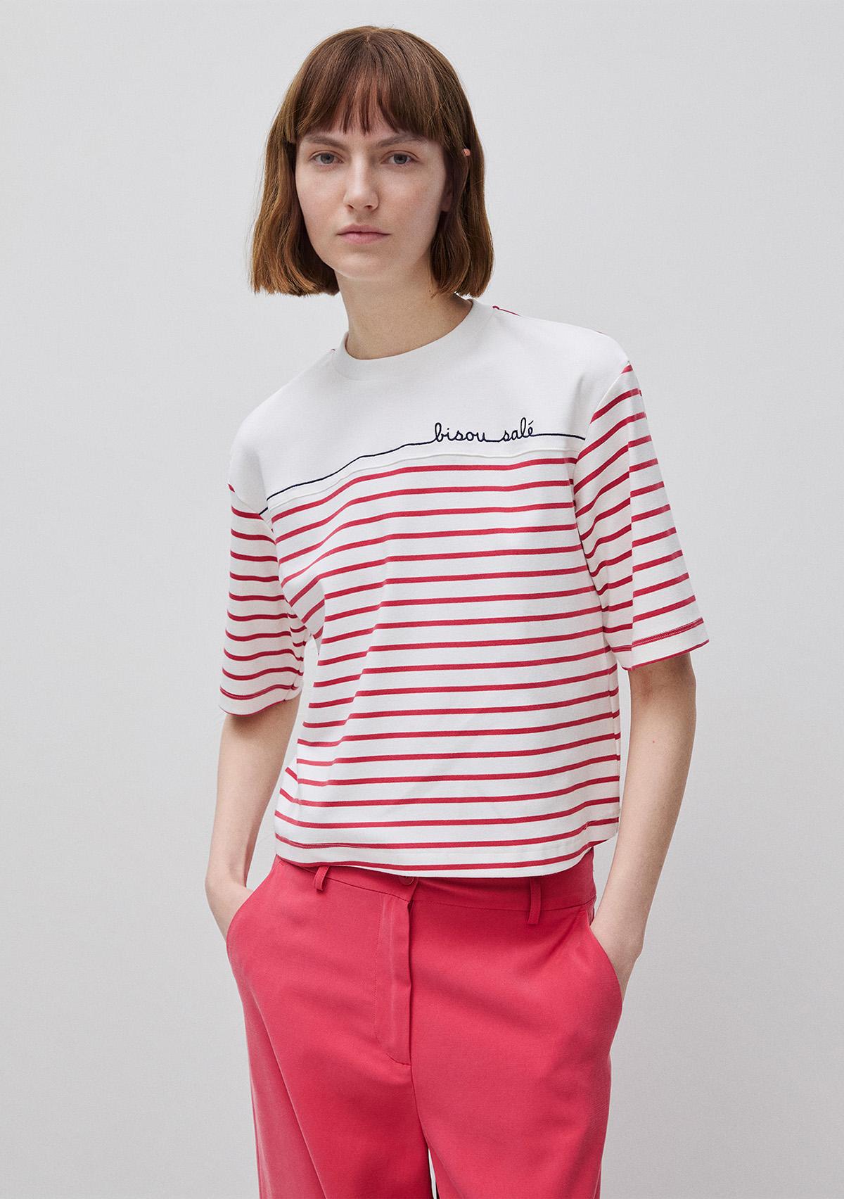 Kadın Pembe Pamuk Karışımlı Nakış Detaylı Çizgili Bisiklet Yaka T-Shirt