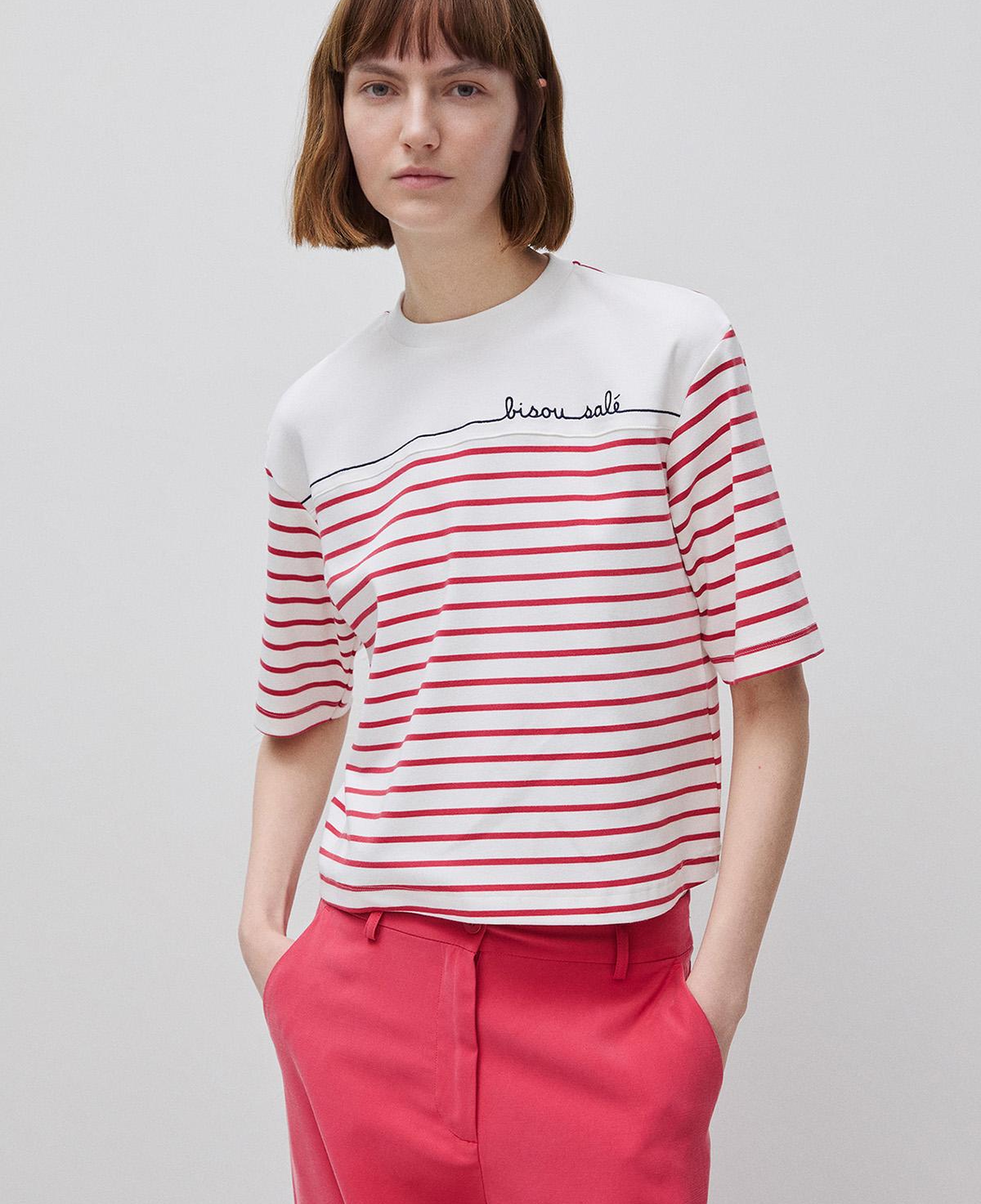 Kadın Pembe Pamuk Karışımlı Nakış Detaylı Çizgili Bisiklet Yaka T-Shirt
