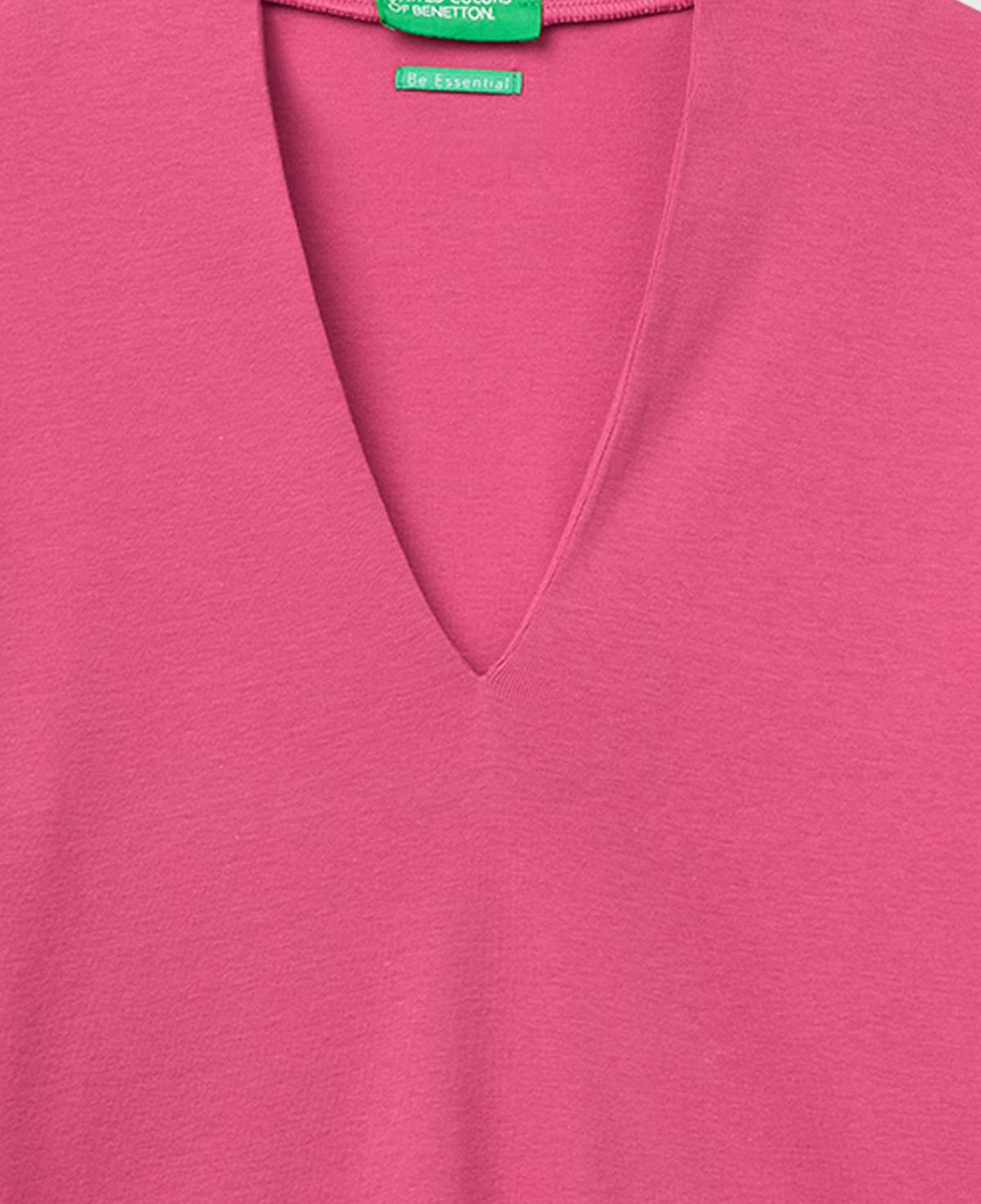 Kadın Fuşya %100 Pamuk Yarım Kollu Derin V Yaka T-Shirt